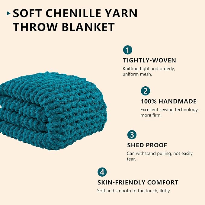 L'AGRATY Chunky Knit Blanket Throw: 50''x60'' Chenille Chunky Knitted Throw Blankets for Bed Couch - Handmade Thick Big Cable Knit Blanket - Large Crochet Rope Blankets for Home Decor(Teal)