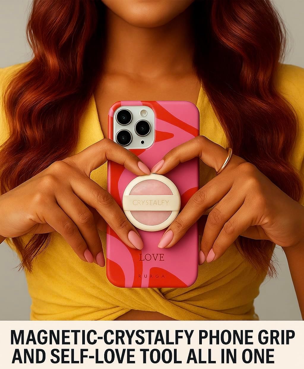 CRYSTALFY Grips by Rose Quartz Crystal Magnetic Phone Ring Grip Silicone Slim Phone Holder with Swappable Natural