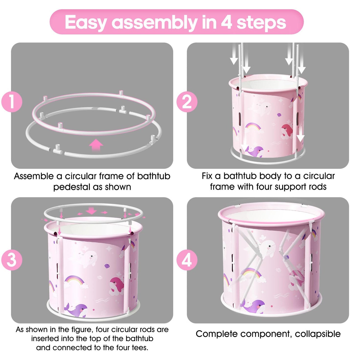 Portable Bathtub, Foldable Bathtub for Kids, Boys and Girls, Therapy Tub for Shower Stall Bathroom Fold Up Japanese Soaking Hot SPA Bath Tub, Outside Ice Bath 21.65''x23.62''(Ocean World Pink)