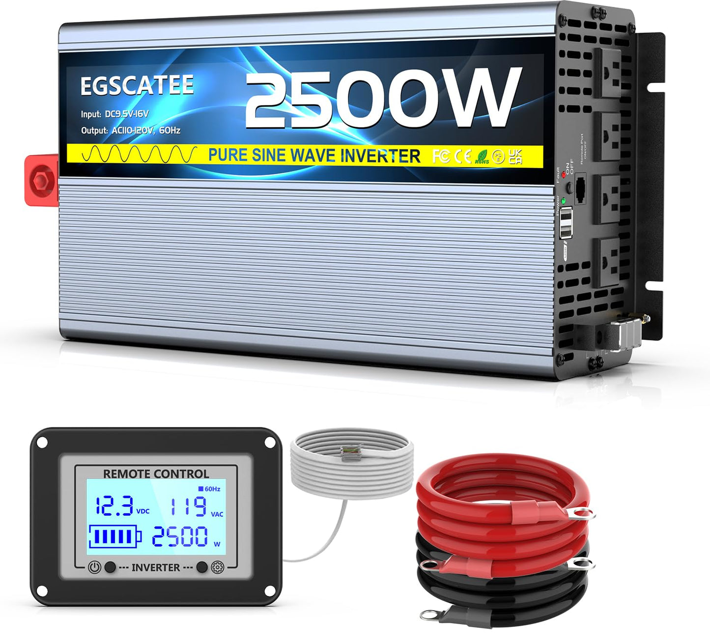 12V 2500W Pure Sine Wave Inverter 12V DC to 110V/120V AC Converter with 4AC Outlets, 5V/3.4A USB, Remote Control with on-Screen Display, Off-Grid Solar Power Inverter for Truck, Home, Vehicles, RV