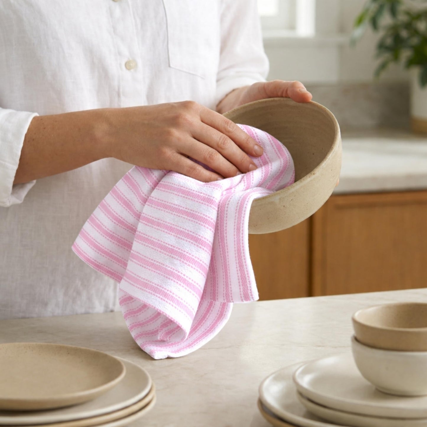 PurpleEssences Stripe Kitchen Towels - Set of 6, 18x28 Inch - 100% Cotton, Absorbent & Reusable Dish Towels with Hanging Loop French-Inspired Style - Spring Easter Summer - Pink