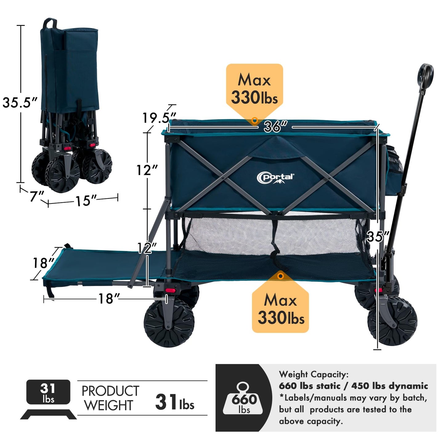 Portal Collapsible Double Decker Wagon Folding Utility Cart with Tailgate, Beach Wagons with Big Wheels, 660LB Heavy Duty Foldable Wagon 14 FT³ Large Capacity for Camping, Sports, Garden