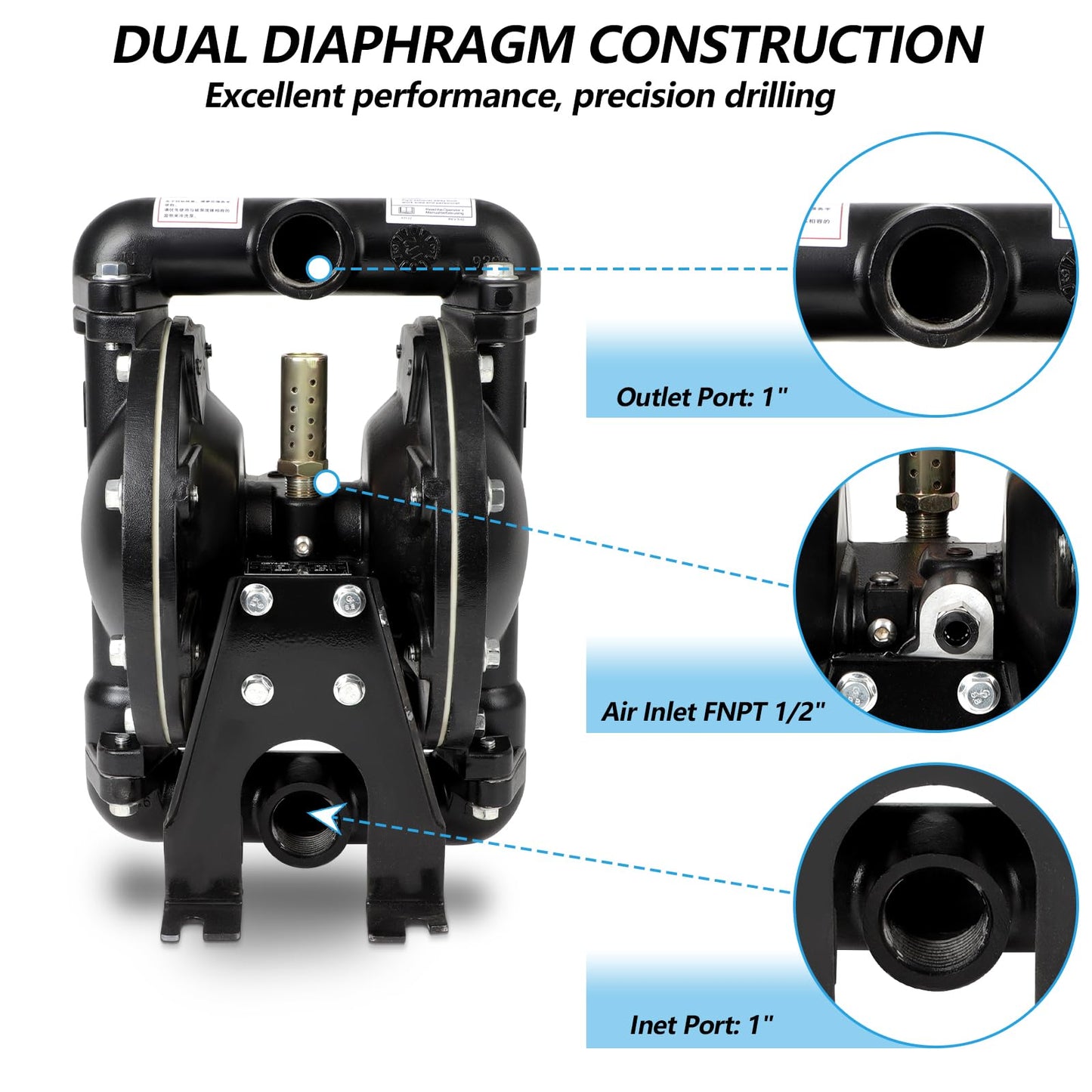 FAHKNS 35GPM 120PSI Air-Operated Double Diaphragm Pump QBY4-25L 1 Inlet Outlet Port For Environmental Protection Drainage Construction Petroleum Chemical Pharmaceutical Electric Power
