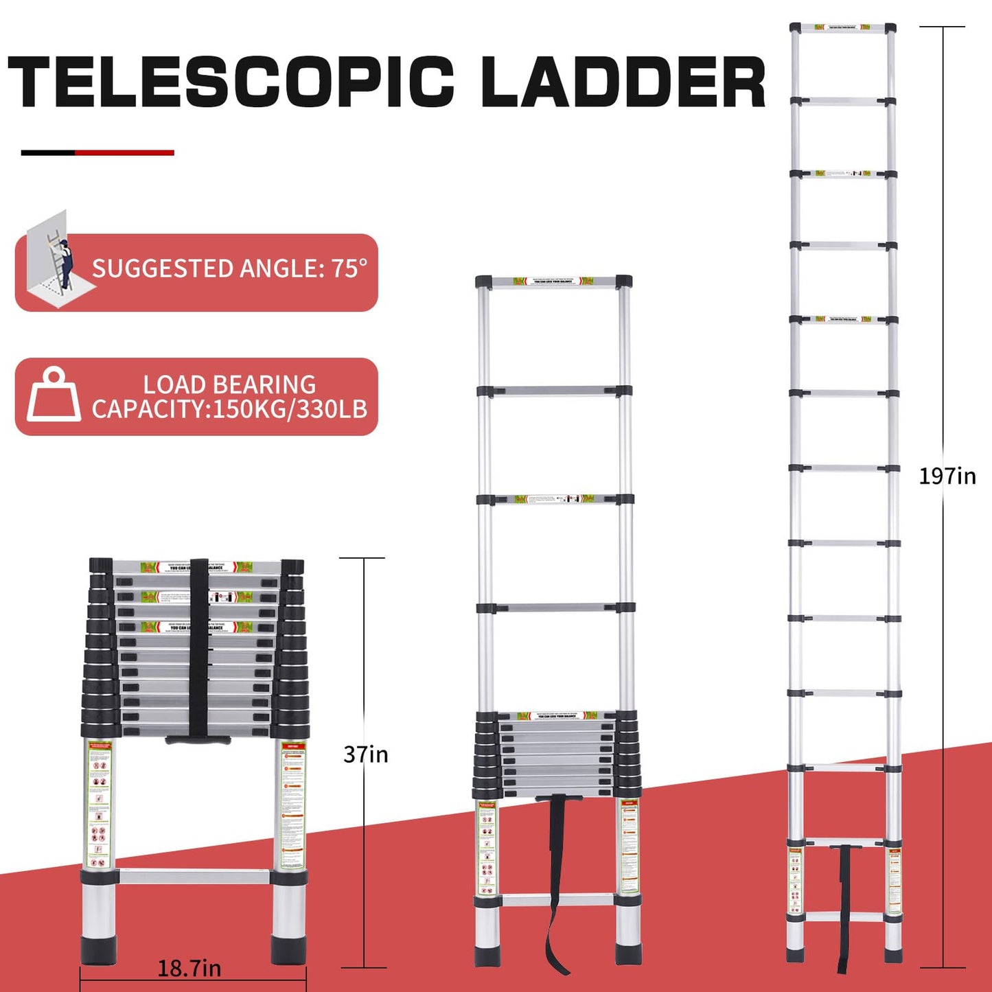 RIKADE Telescoping Ladder 16.5 ft & Attic Ladder, Heavy Duty Aluminum with Non-Slip Feet, 330 lb Capacity for RV, Attic, Loft & Multi-Surface Use