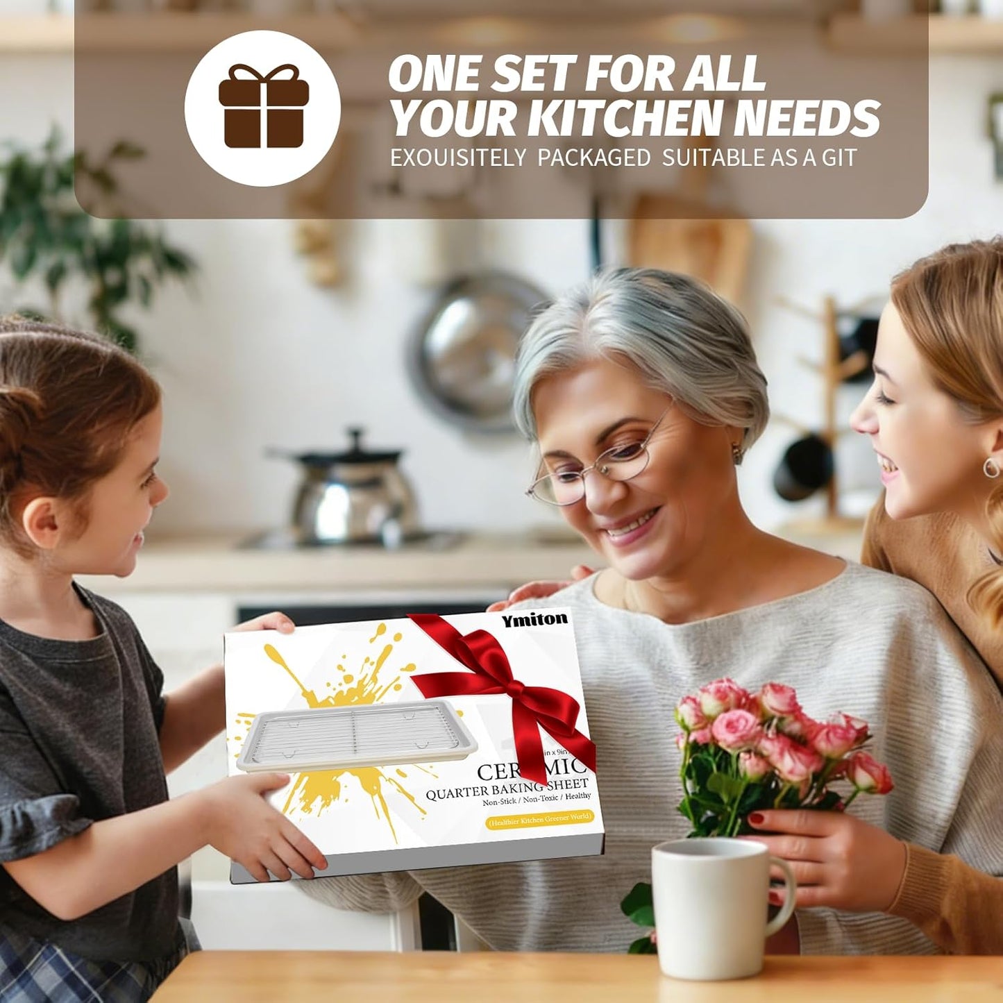 Skiennix Nonstick Ceramic Baking Sheet Set - 2-Pack 13x9 Quarter Pan, Oven Safe 550°F, Dishwasher Safe, Gray/Yellow