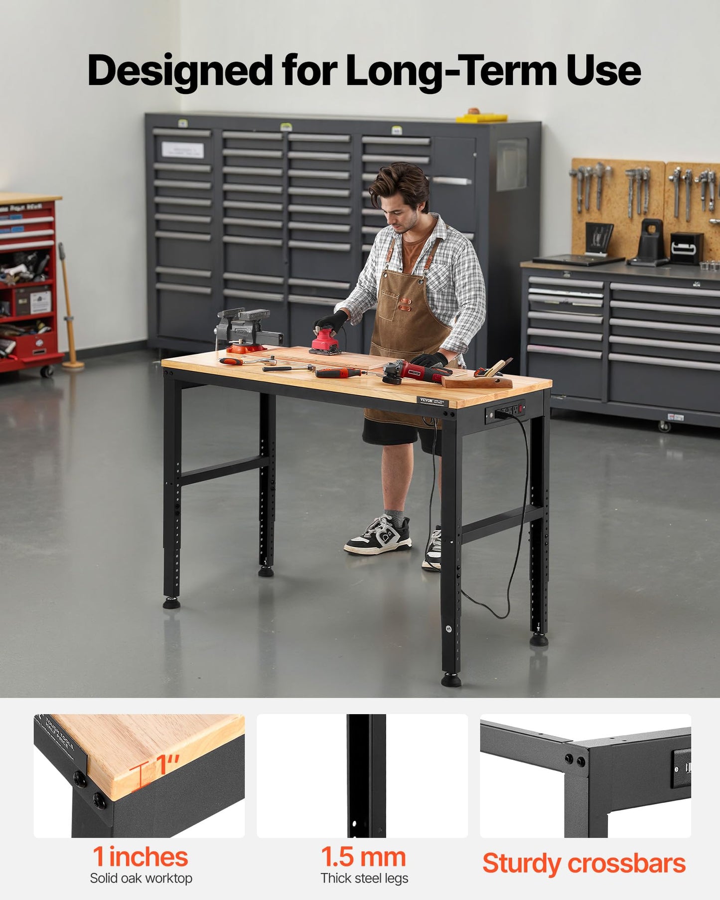VEVOR Adjustable Workbench, 48 x 20-inch Heavy Duty Work Bench with 28.5-38.3 Inches Height Adjustment, 2000 lbs Capacity Garage Workbench with Power Outlets, Suitable for Office, Garage, Workshop