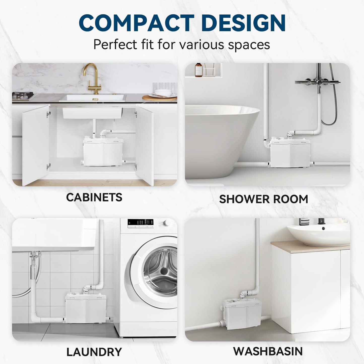 1200W Utility Sink Pump with Blade PCB Function Under Sink Pump Upflush to 39.4FT 2800GPH with 4 Water Inlets 2 Outlets Macerating Toilet System for Sink Shower Washing Machine Kitchen Basement