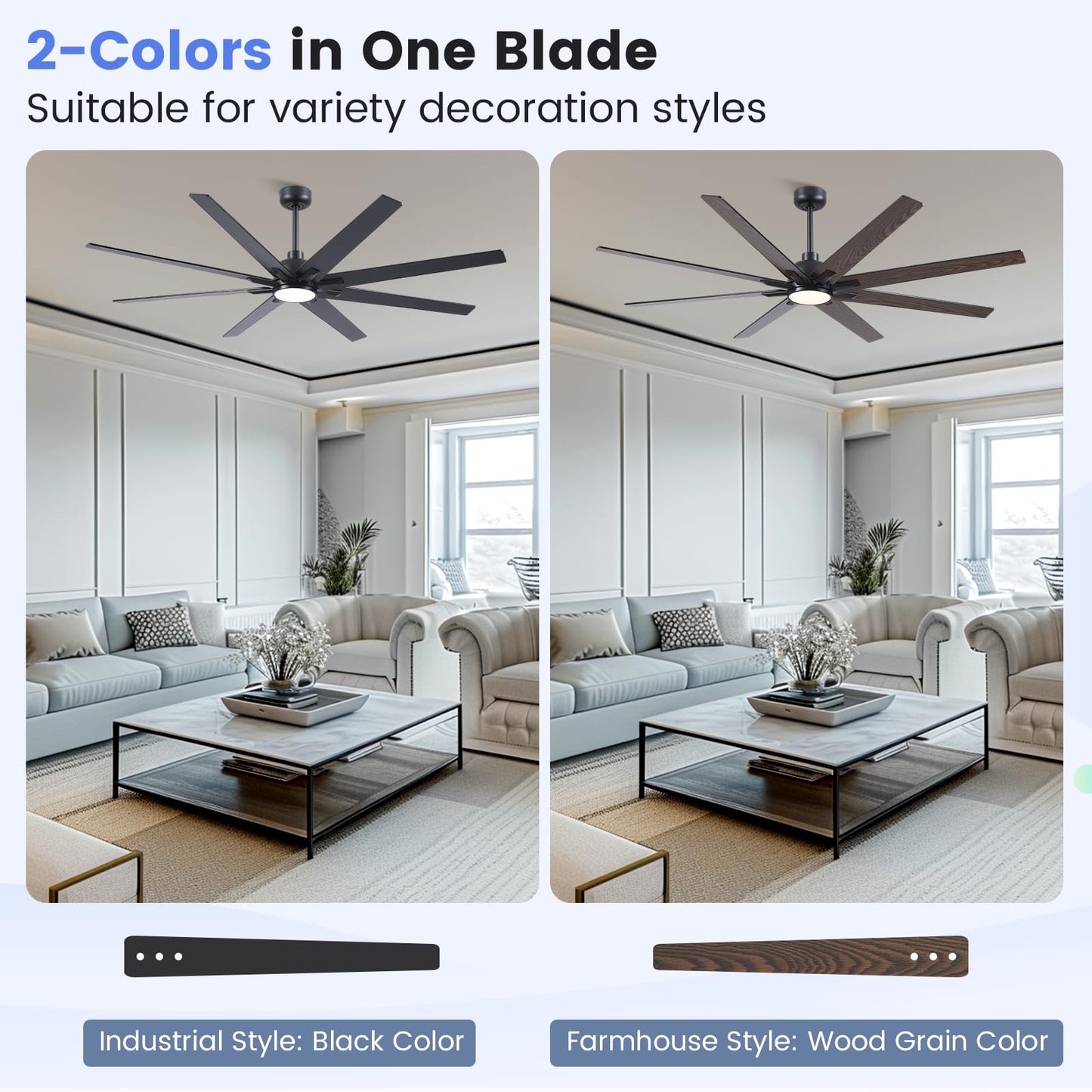 Newday 72 Inch Black Ceiling Fan with Light and Remote, Indoor/Outdoor Silent Reversible DC Motor, 6 Speeds, 3CCT, Timer, 8 Blades, 3 Downrods for Living Room, Patio, Garage