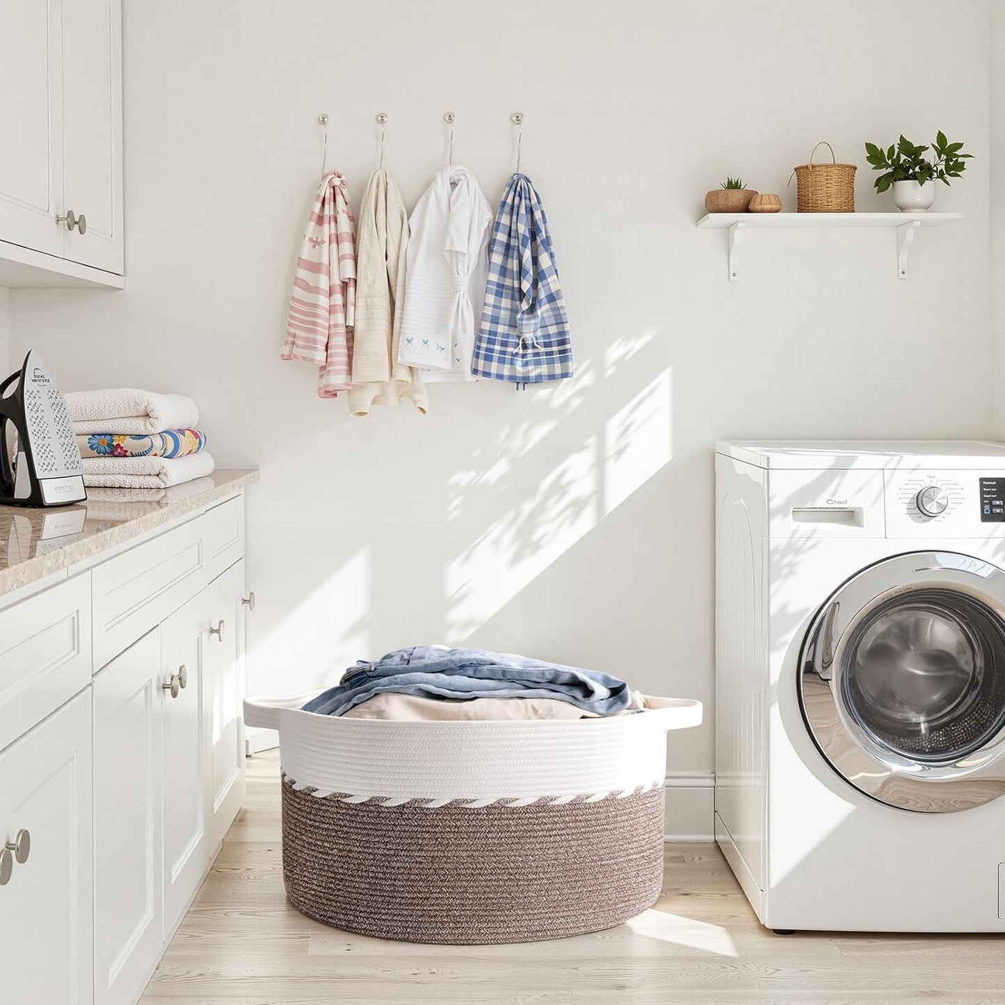 OIAHOMY 90L Blanket Basket - Large 23" x 23" x 13" Storage Solution with Handles for Laundry, Toys & More - Brown & White