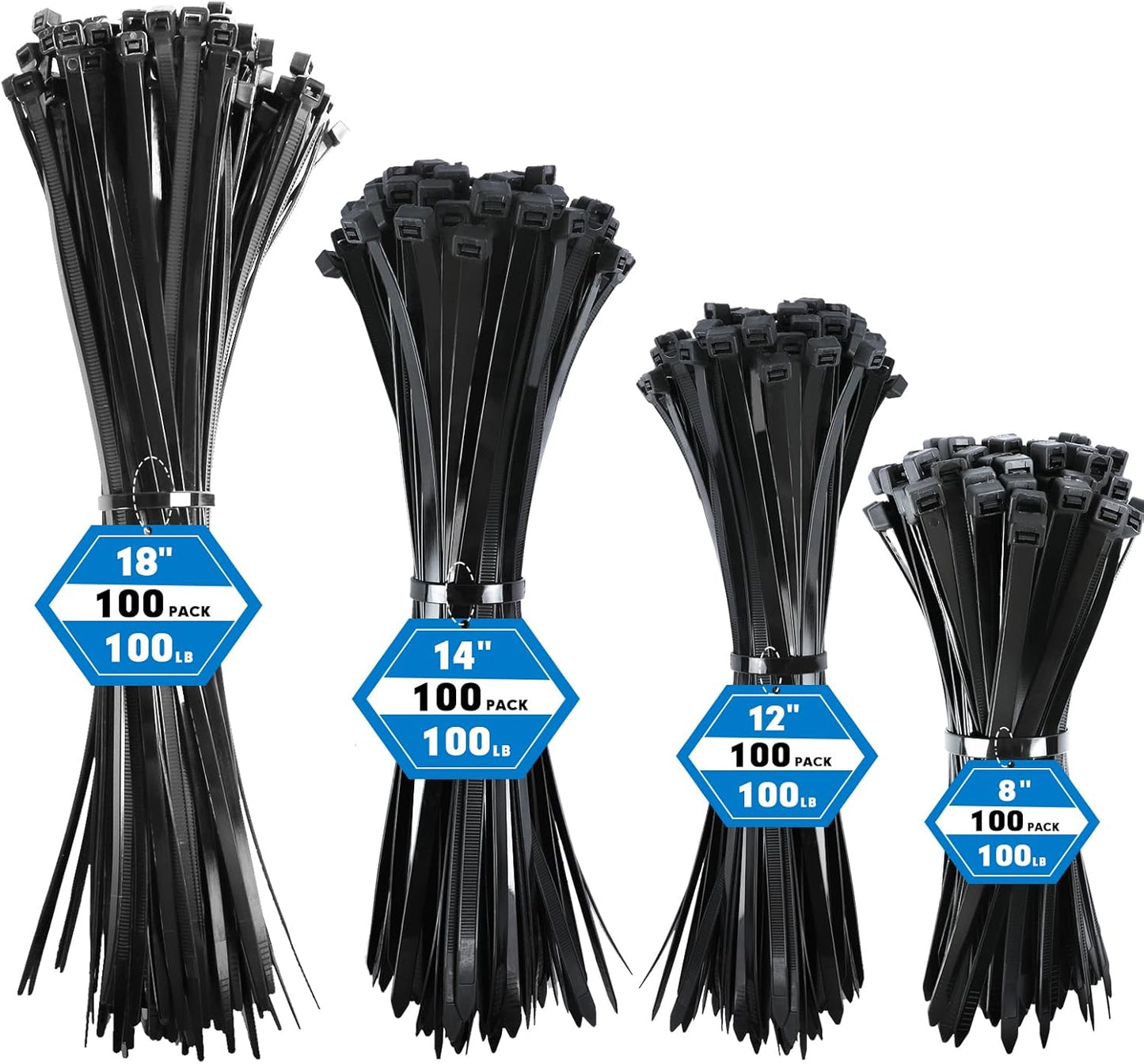 400 Pack (8+12+14+18Inch) 100lb Zip Ties Assorted Sizes, RAZCC Black Cable Ties, Self-Locking Plastic Wire Ties