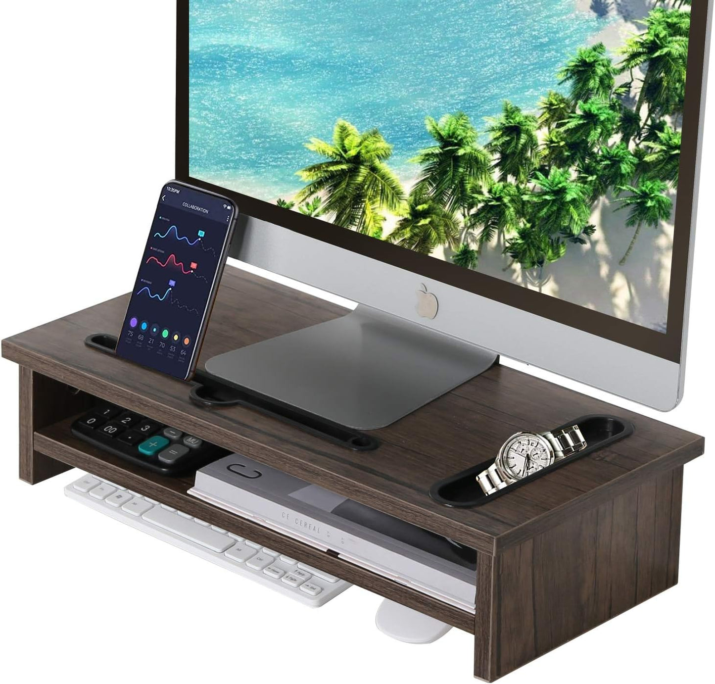 Management,2 VECELO Wood Computer Monitor Stand Riser,TV/Laptop/Printer/PC Desk Shelf with Cellphone Holder and Cable