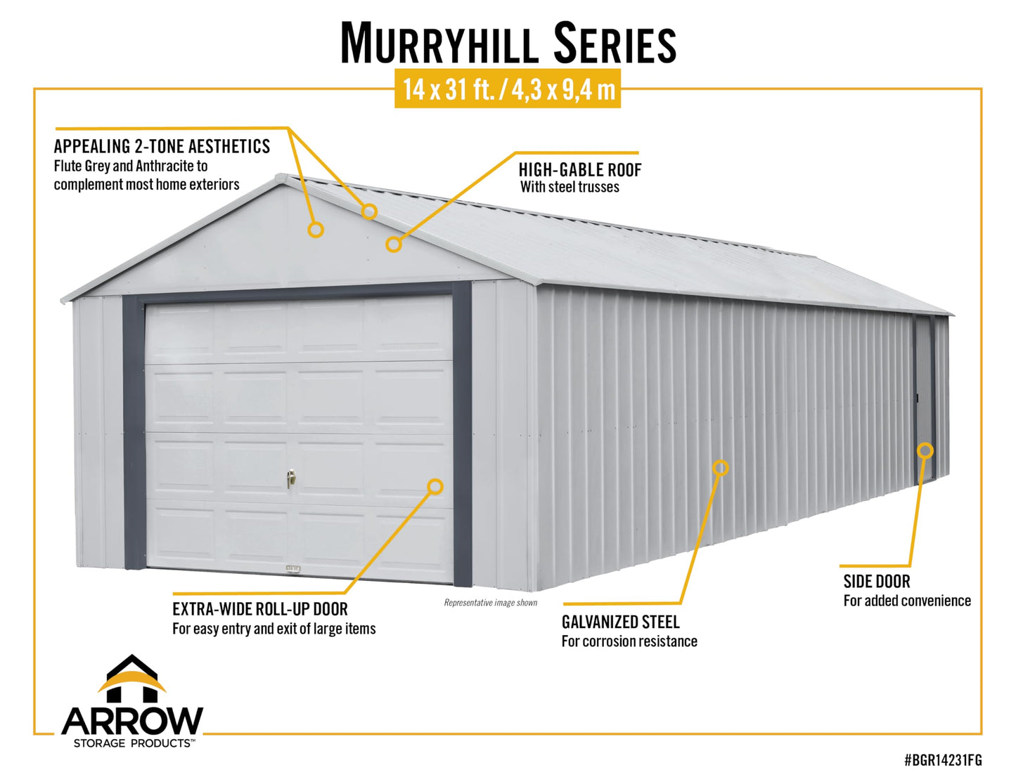 Arrow Shed 14' x 31' Murryhill Garage Galvanized Steel Extra Tall Walls Prefabricated Shed Storage Building, 14' x 31', Flute Gray