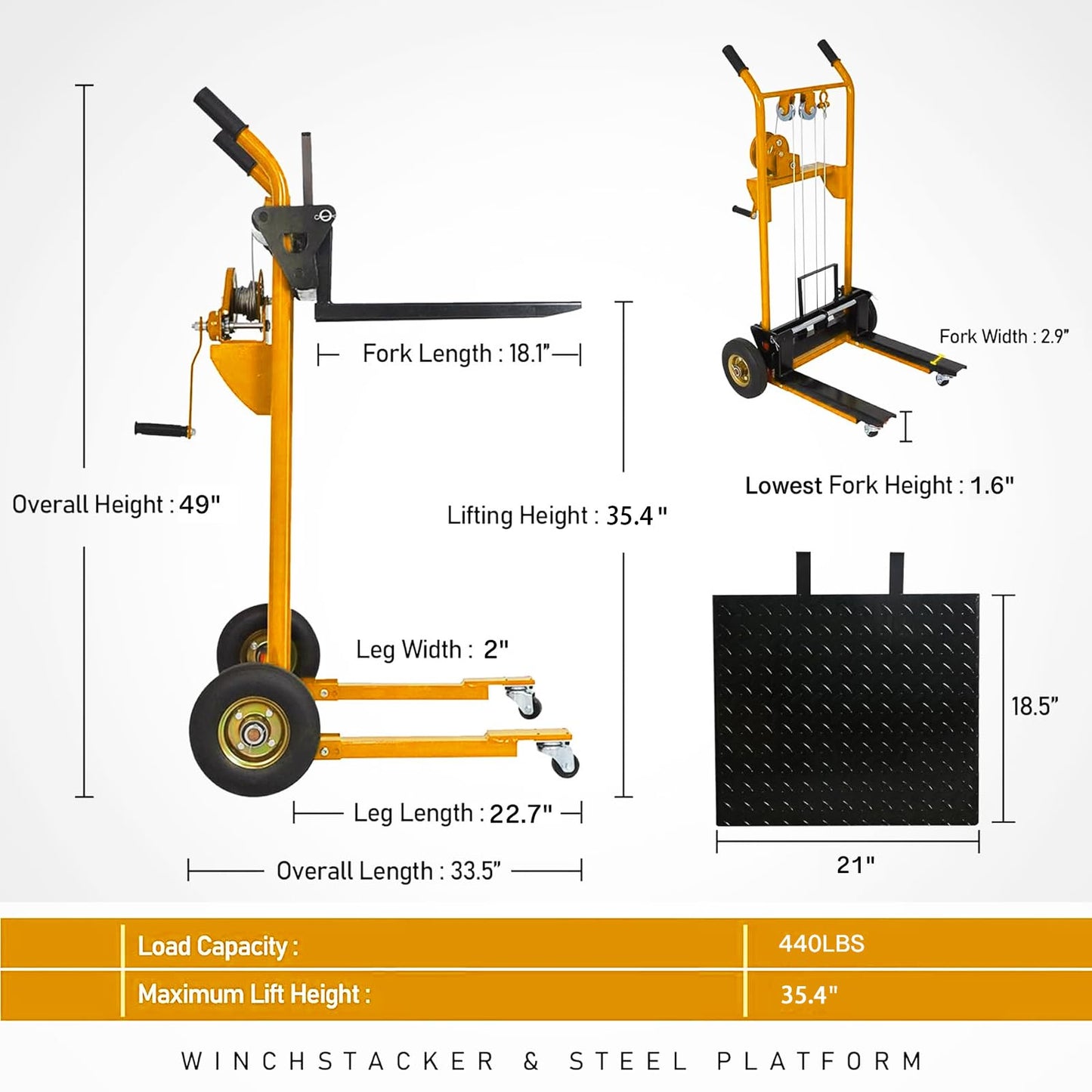 Material Lift Winch Stacker, 440 lbs Capacity Table Cart, 35.4" Lifting Height Manual Forklift Stacker, Pallet Jack Truck Dolly with Swivel Casters and Lift Plate (Yellow)