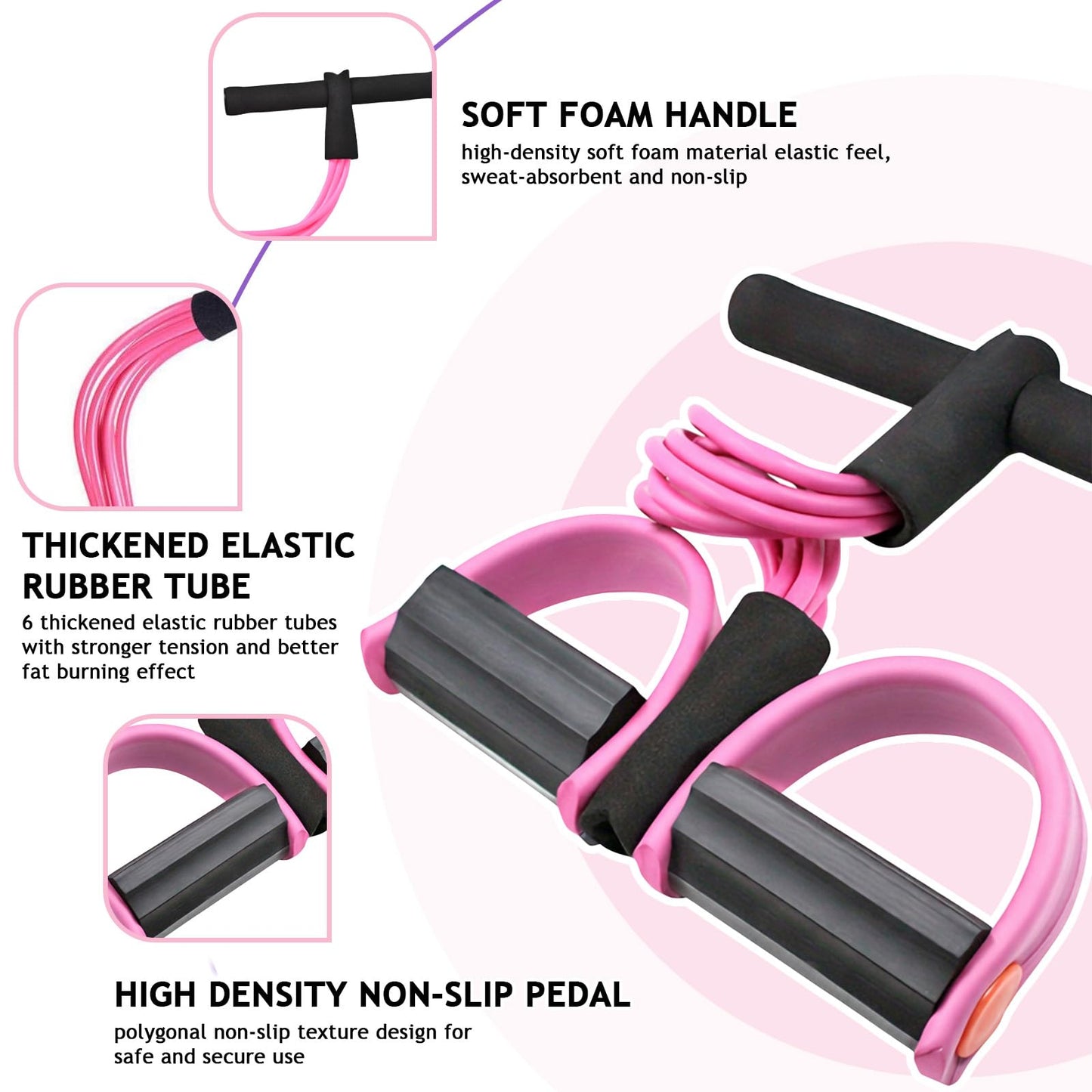 Kammoy 6-Tubes Tension Rope, Multifunction Elastic Yoga Pedal Puller Resistance Band, Natural Latex Tension Rope Fitness Equipment, for Abdomen, Waist, Arm, Leg Stretching Slimming Training (Pink)