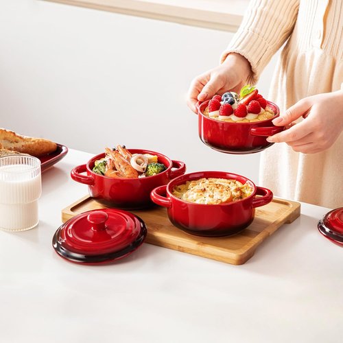 LOVECASA Mini Cocotte Set - 12 OZ Casserole Dishes with Lids | Oven & Microwave Safe, Set of 4, Red