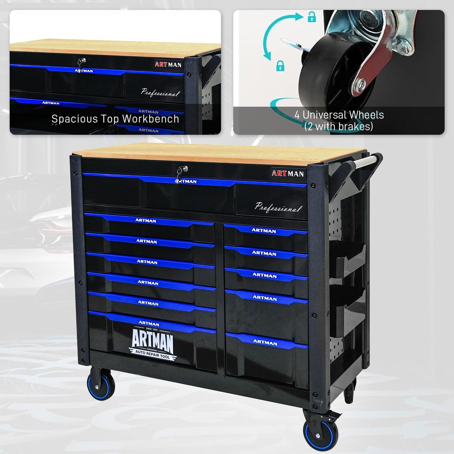 WIILAYOK Rolling Tool Chest on Wheels, Heavy Duty Metal Tool Cabinet Chest with 12 Drawers, Wooden Workbench Top, Large Tool Cart for Warehouse, Garage, Workshop, Repair Shop, Tool Organizer Chest