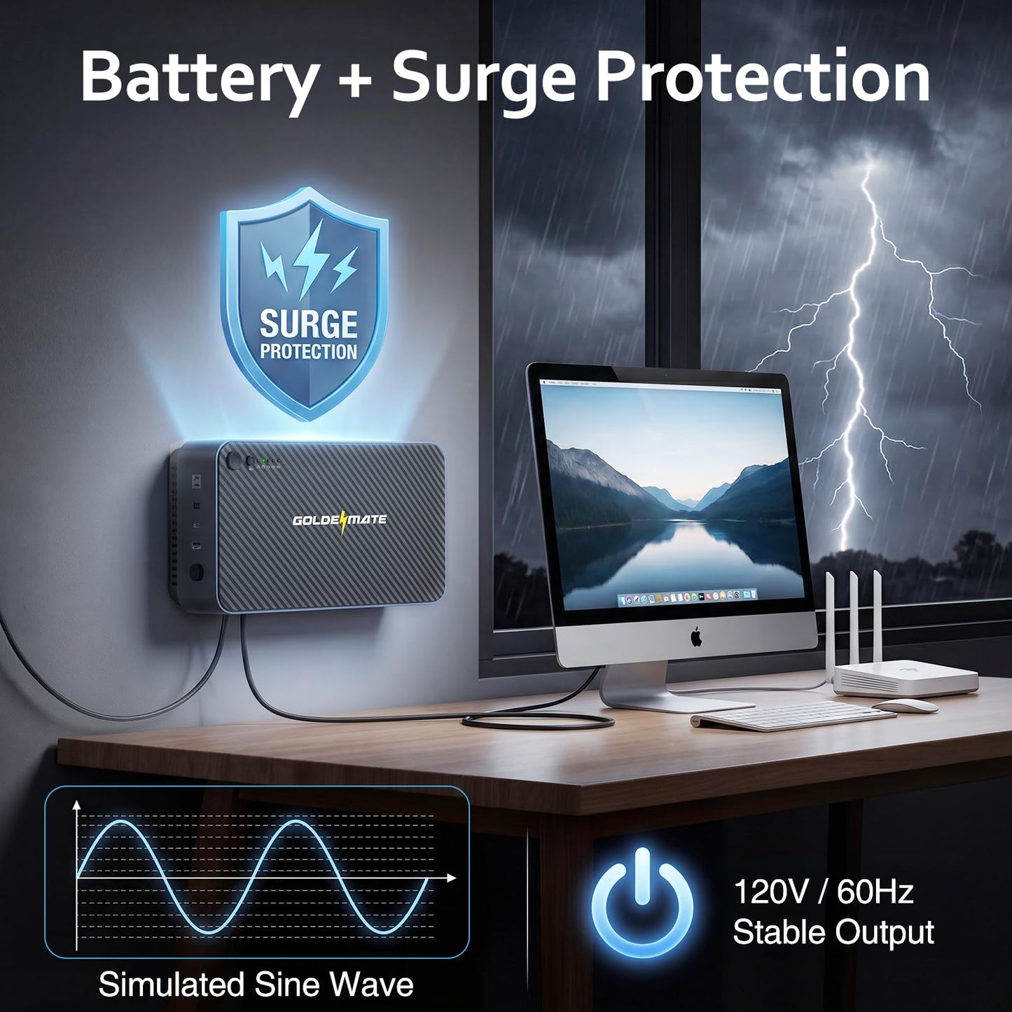 GOLDENMATE 600VA/360W Lithium UPS Battery Backup and Surge Protector, LiFePO4 Battery Backup (76.8Wh), 5 Outlets & 2 USB Ports, Built-in Emergency Light, Compact Wall Mount UPS for Home Office