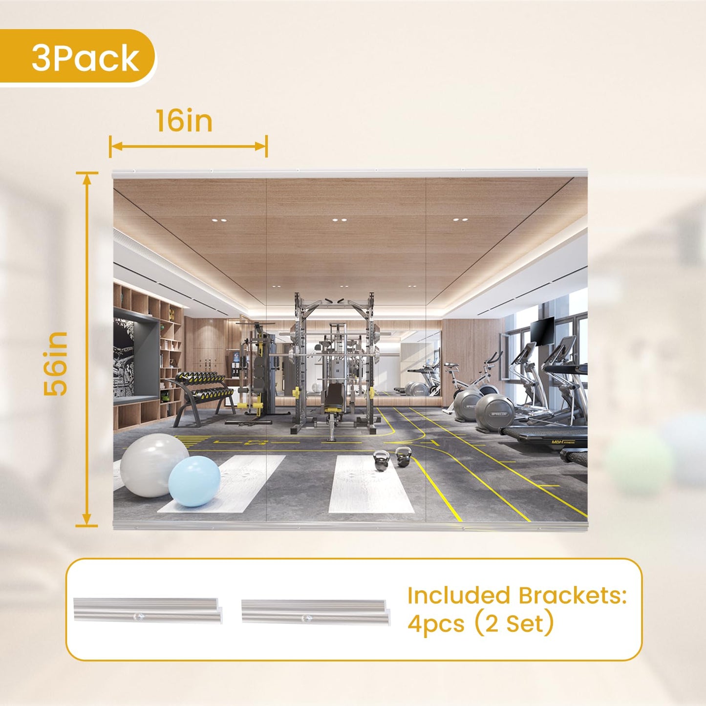 yarnuwa 56X16 3Pack Large Home Gym Mirror, Frameless Tempered Glass Dance Wall Mounted Mirror for Home, Yoga, Dancing, Studio, Living Room