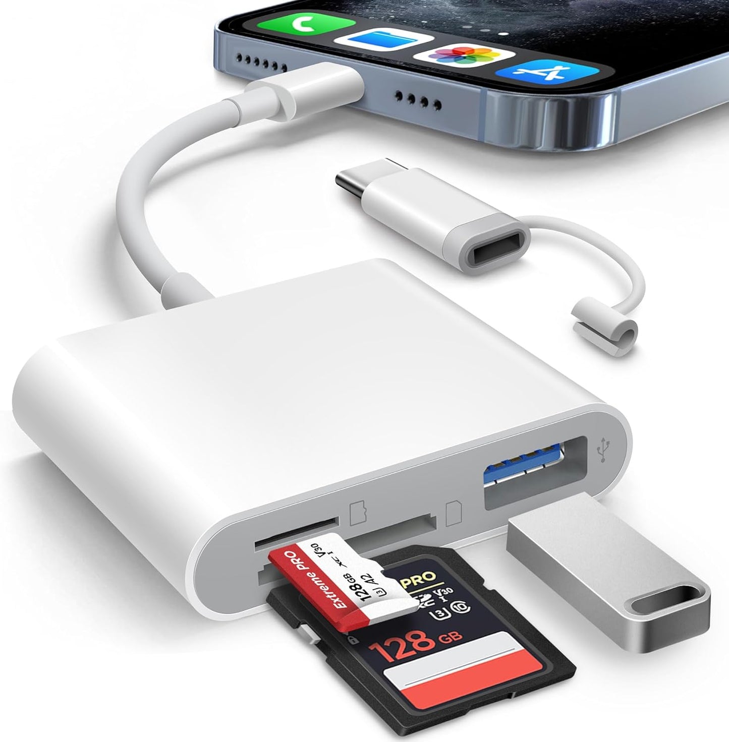 AkHolz 3 SD Card Reader for iPhone iPad Built-in Lightening & USB-C Dual Connectors Card Adapter with SD MicroSD USB-A
