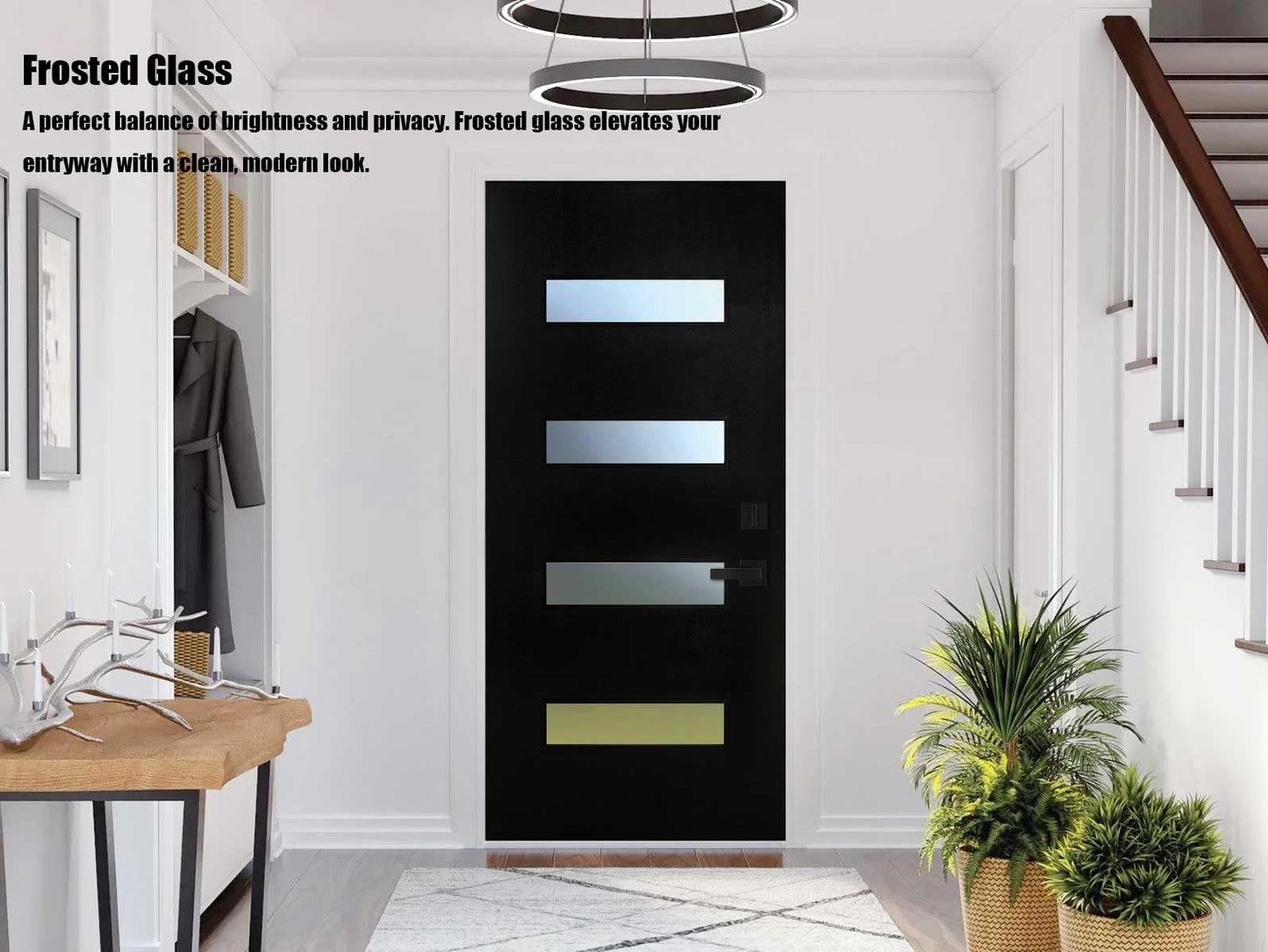 KHSHOW 36 x 80 Fiberglass Entry Door with Brickmould, Frosted Glass, Black Finished Knock-Down Fiberglass Door - Contemporary Style for Home's Front Entrance, Right Hand Inswing with Vinyl Frame