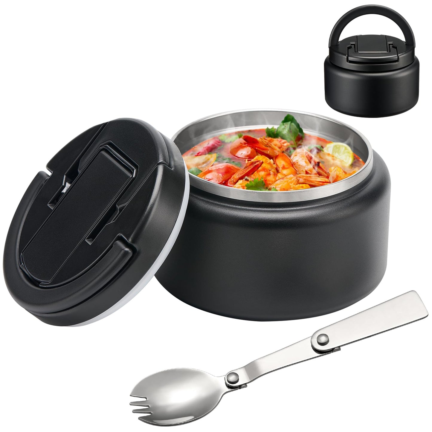 BABHAMNESS 13.5oz Soup Thermo for Hot Food Kids Insulated Vacuum Food Jar with Buckle Lid,Wide Mouth Leakproof Stainless Steel Lunch Container with Spoon-Black