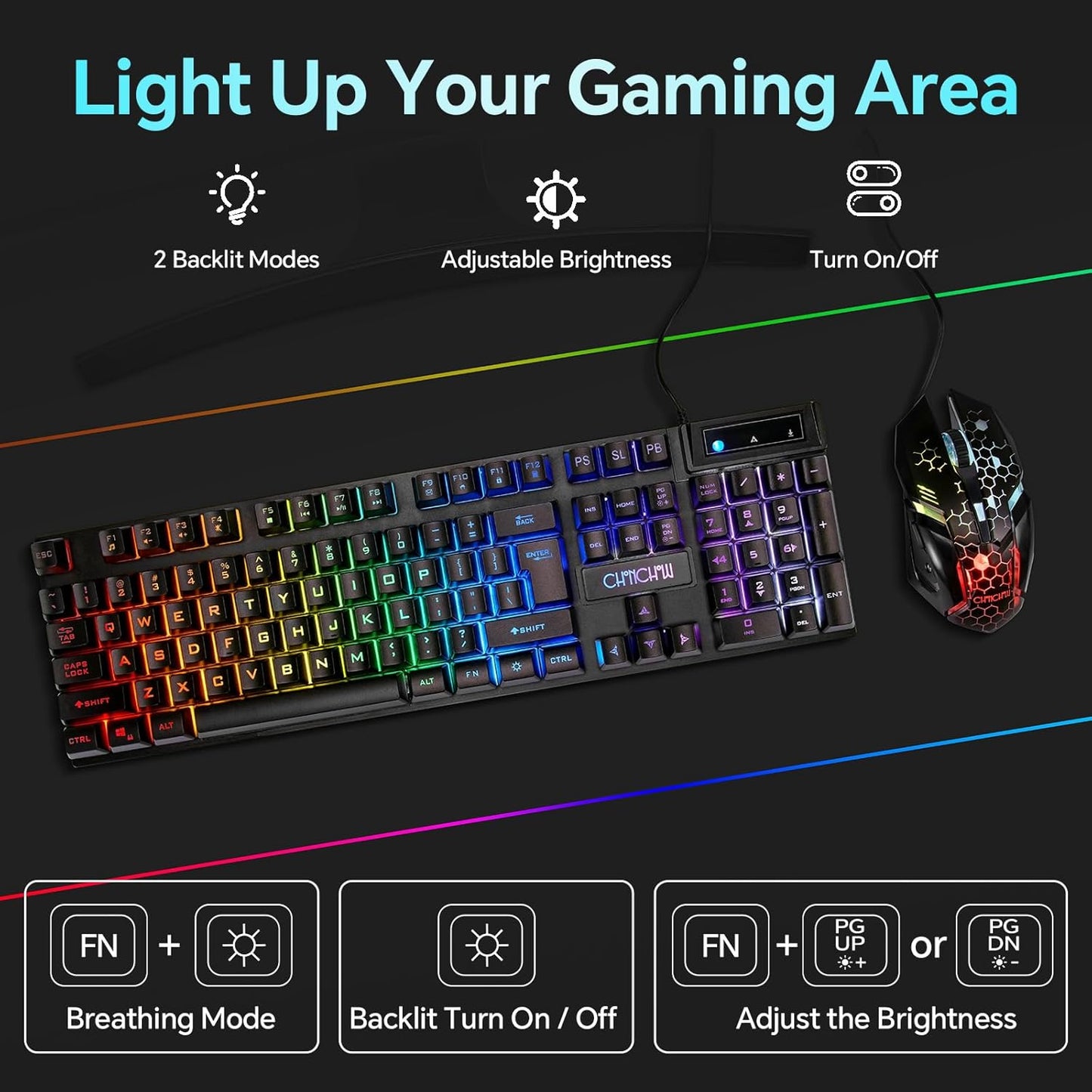 CHONCHOW 3200DPI Set PS4 Gaming Keyboard and Mouse Combo, USB Wired RGB Backlit, Mechanical Feel Anti-ghosting Keyboard