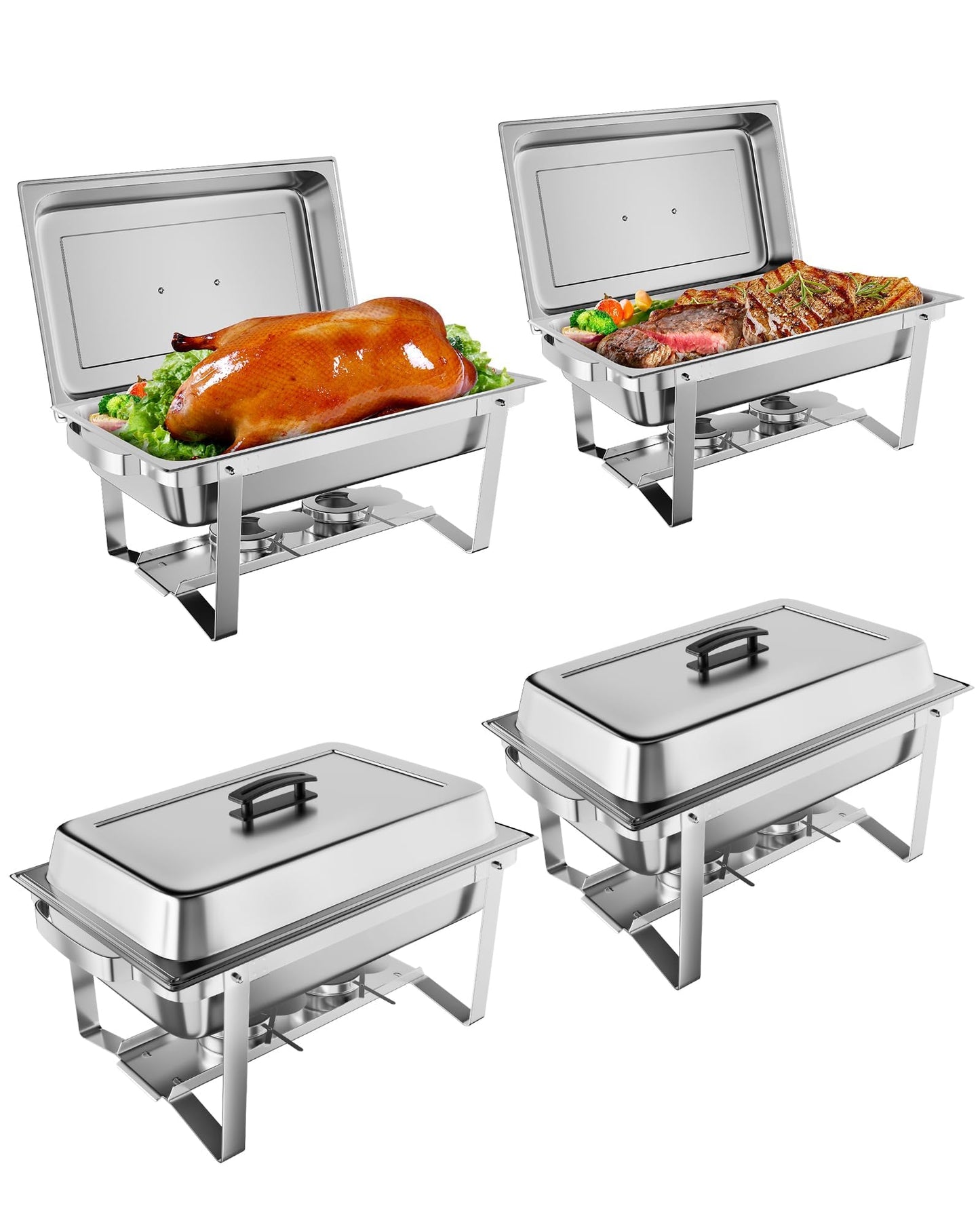 IDEALHOUSE 4-Pack Buffet Chafer Set, Thickened Stainless Steel Food Warmer, 8QT Rectangle Chafing Dishes with Lids & Foldable Frame for Catering & Large Events