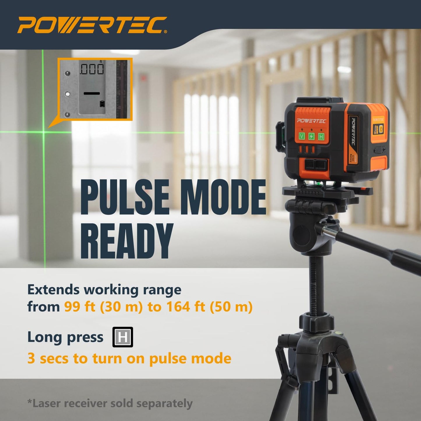 POWERTEC LE3360V 3×360° Laser Level, Self-Leveling with Remote Control & Lift Platform, USB-C Rechargeable – For Construction, Tiling, Framing, Drop Ceilings, Cabinets & DIY Projects