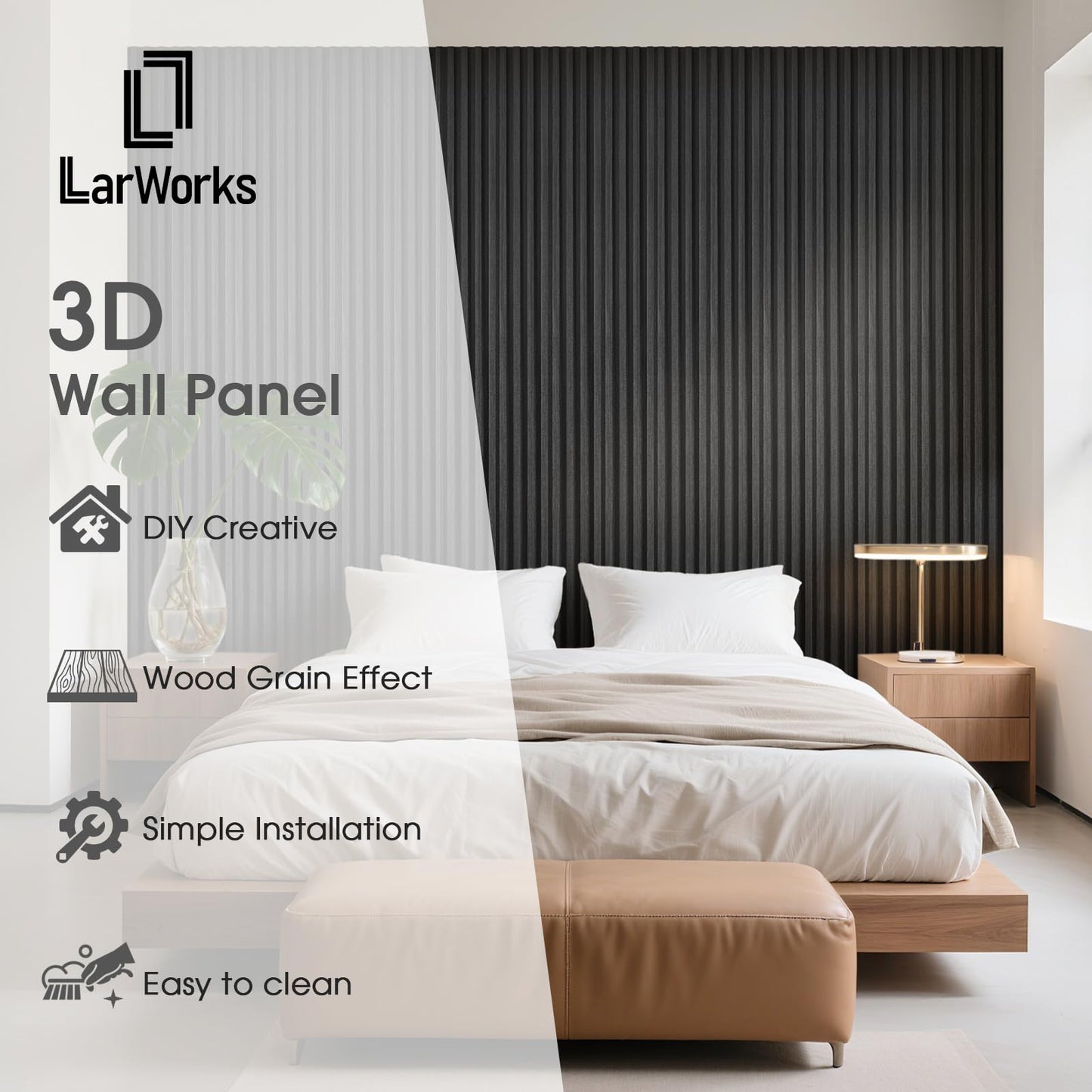 LARWORKS WPC Slat Wall Panels 8 Pack 96" x 6.6", Waterproof Fluted Wall Paneling, Accent 3D Wall Panel for Wall Decor, Bathroom, Bedroom, Office - High Grille Black (Cover Approx.35 sq.ft)