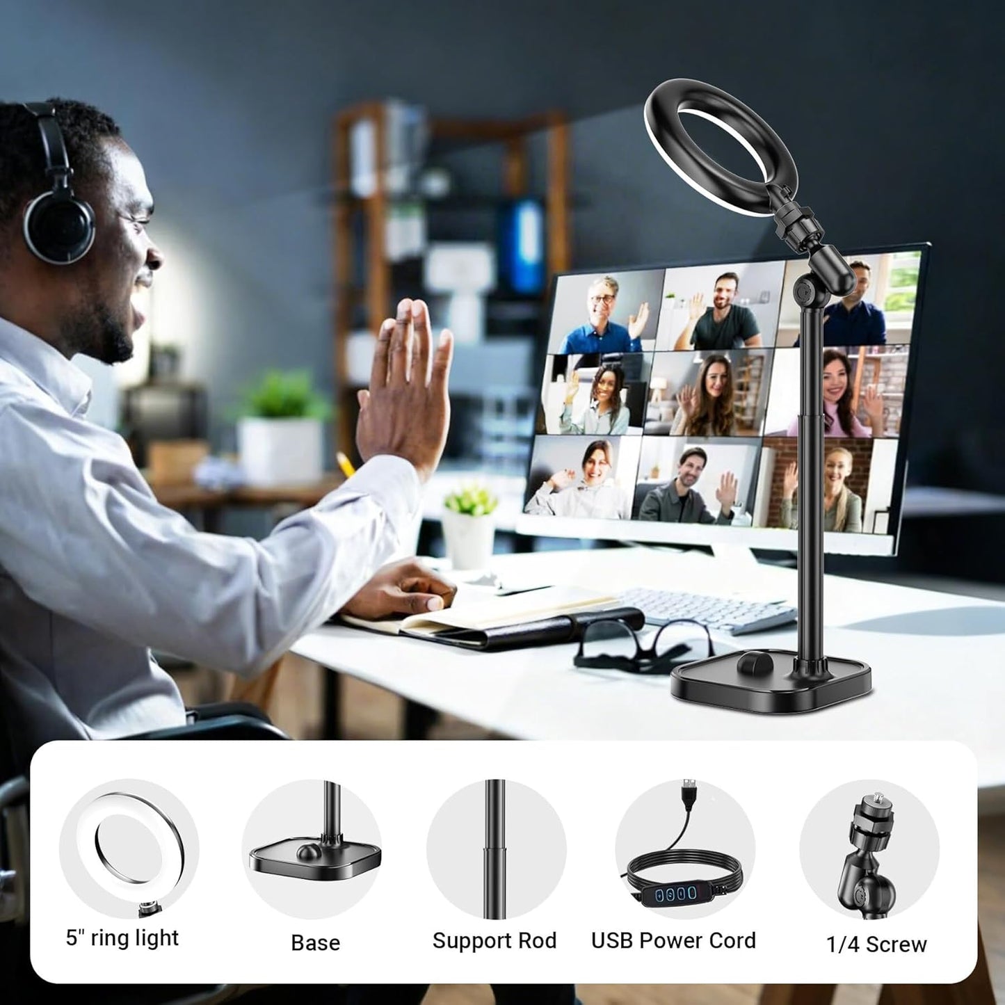 Mionondi 5 Ring Light for Desk, Portable Streaming Lights for Video Recording, Halo Lighting with Stand for Selfie