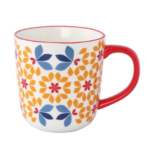 Floral Pattern Coffee Mugs, Bone China Tea Cups with Colored Handles, Set of 4