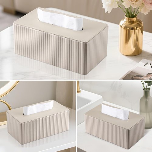 KINGFOM PU Leather Tissue Box Cover Rectangular Tissue Box Holder with Magnetic Bottom, Napkin & Facial Tissue Holder Dispenser for Home, Office for Standard 120-count/160-count (2-Ply) Beige Stripe