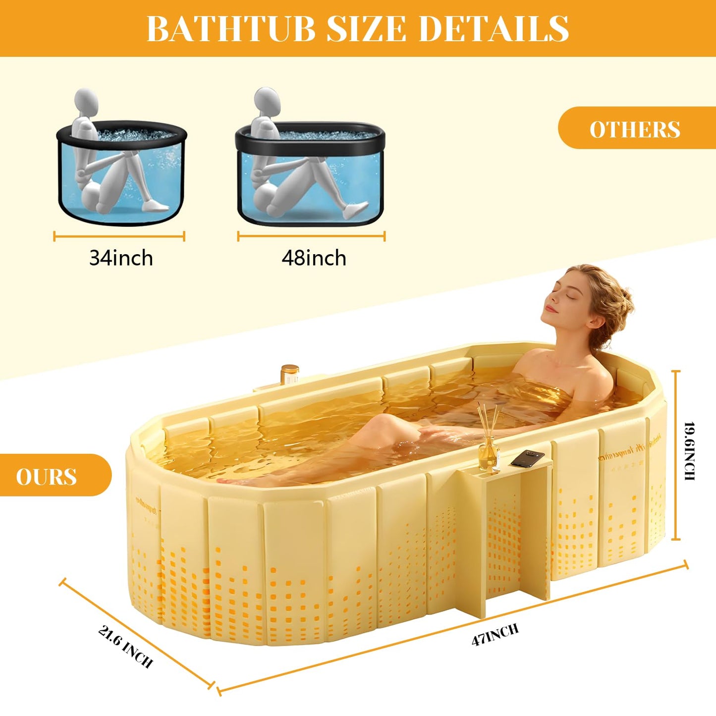 jessie 47 Inches Portable Bathtub, Foldable Ice Bath Tub for Adult, Bathroom Hot SPA Soaking Cold Plunge Tub Freestanding Bathtub Indoor Outdoor Yard (Gold)