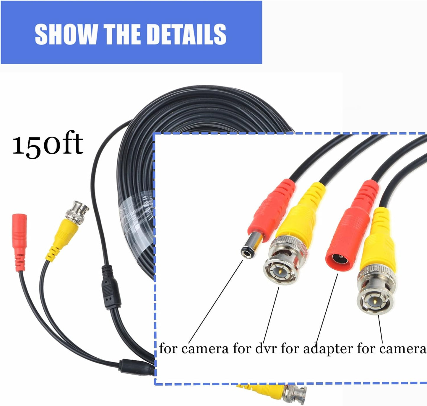 150ft Black BNC Video Power Cable for DVR Security Cameras