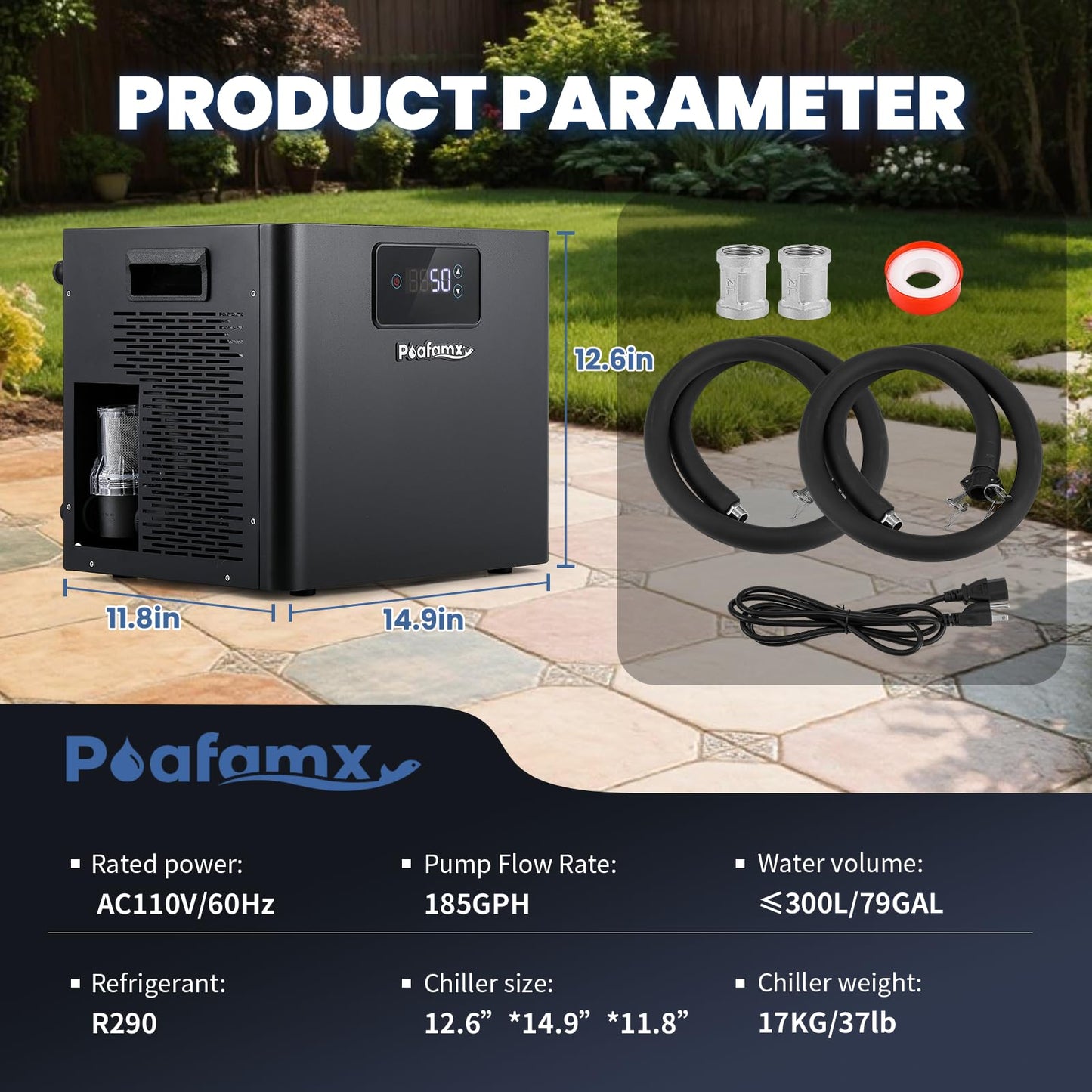Poafamx Water Chiller for Ice Bath, 1/3 HP Cold Plunge Chiller with Built-in Filter & Water Pump, Insulated Hoses, Quiet Ice Bath Chiller for Cold Therapy Athletes Recovery Home Use 110V