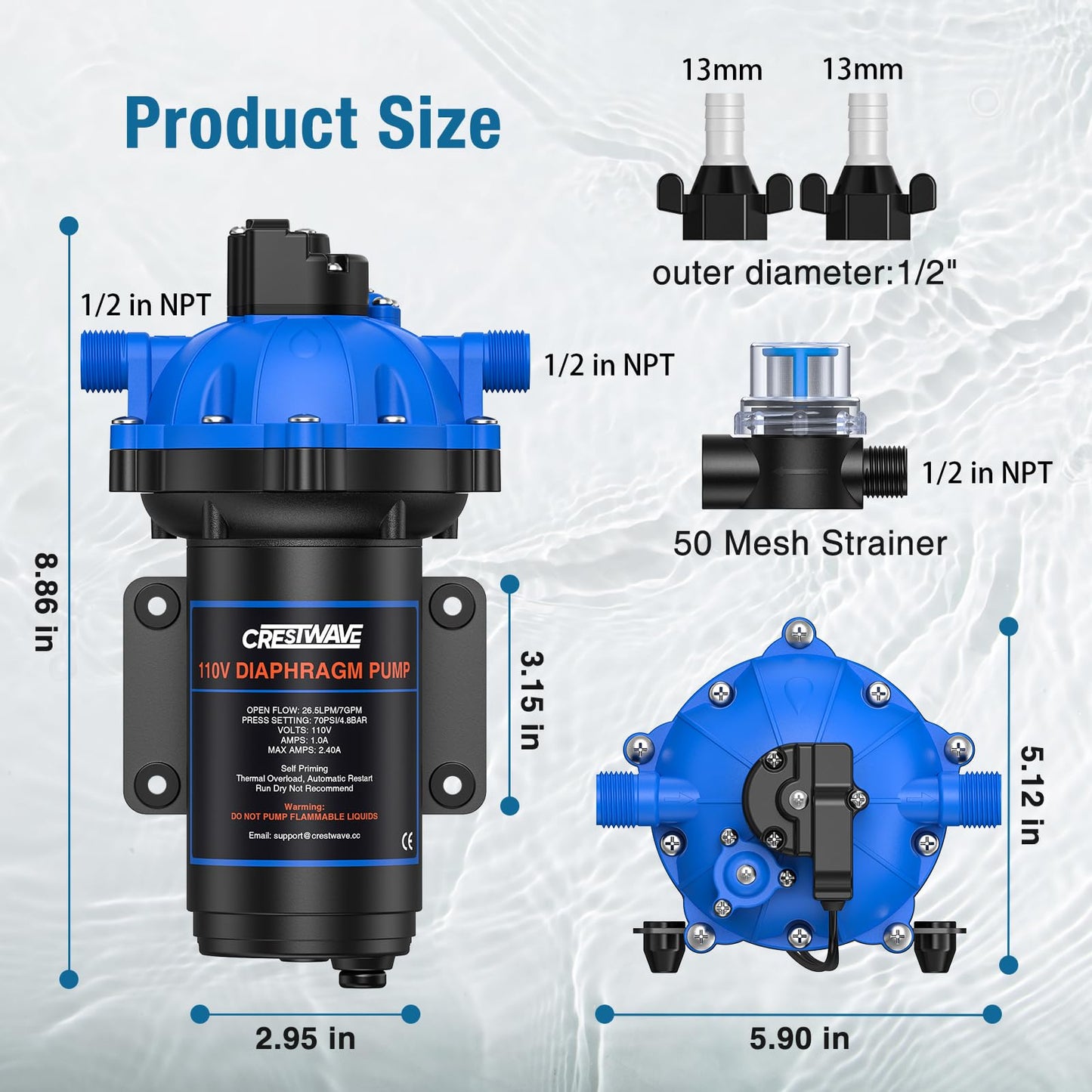 CrestWave Fresh Water Pump 7GPM 70PSI, 110V AC, Upgraded Five Chamber Self-Priming Diaphragm Water Pump with Pressure Switch and Strainer for RV, Home Water System, Irrigating & Industrial Settings