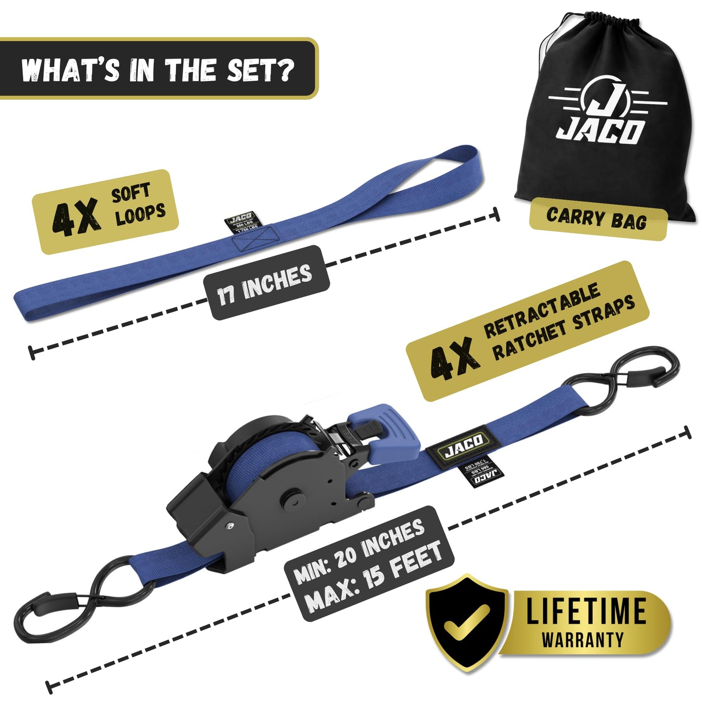 JACO Retractable Ratchet Straps - 1 in x 15 ft (4-Pack) (1,760lbs Break Strength) | Auto Self Retracting Cargo Tie Down Strap Set (Blue)