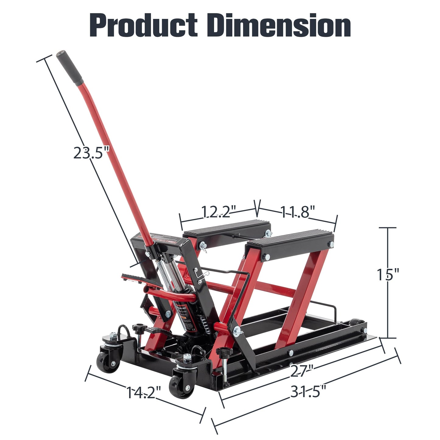 Hydraulic Motorcycle Lift Jack 1500 LBS Capacity, Foot-Operated Motorcycle Scissor Lift Table, 4.5"-15" Adjustable Height, Portable ATV Lift Jack with Wheels & Safety Lock, Red