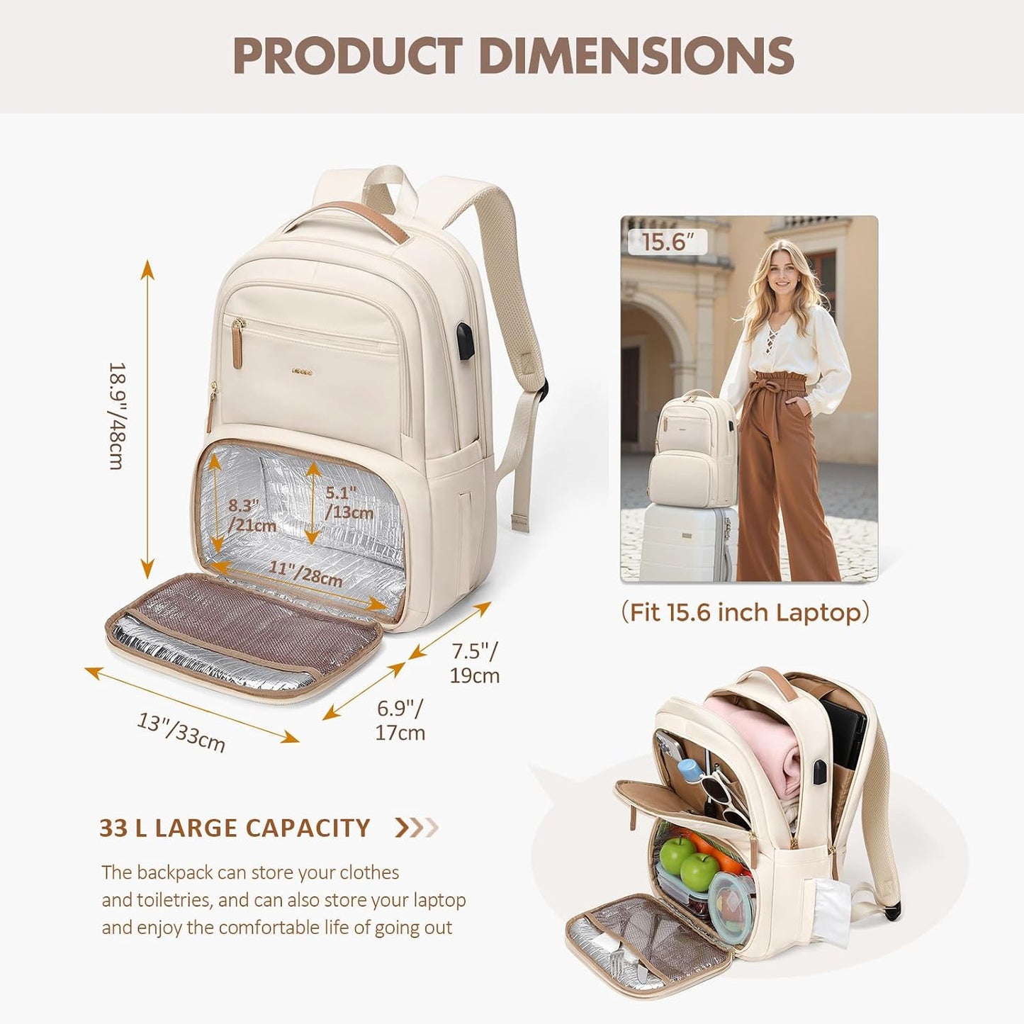 Backpack Men,15.6Inch Backpack pack MDODO Lunch for Women Insulated Lunch Box with USB Charging Port, Diaper Laptop