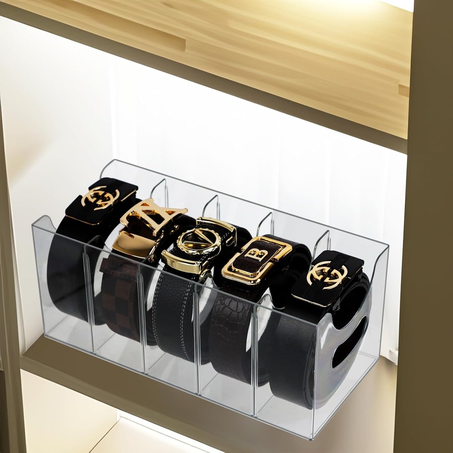 ZEXALOR Acrylic Belt Organizer - 5-Compartment Clear Storage Holder for Closet & Kitchen