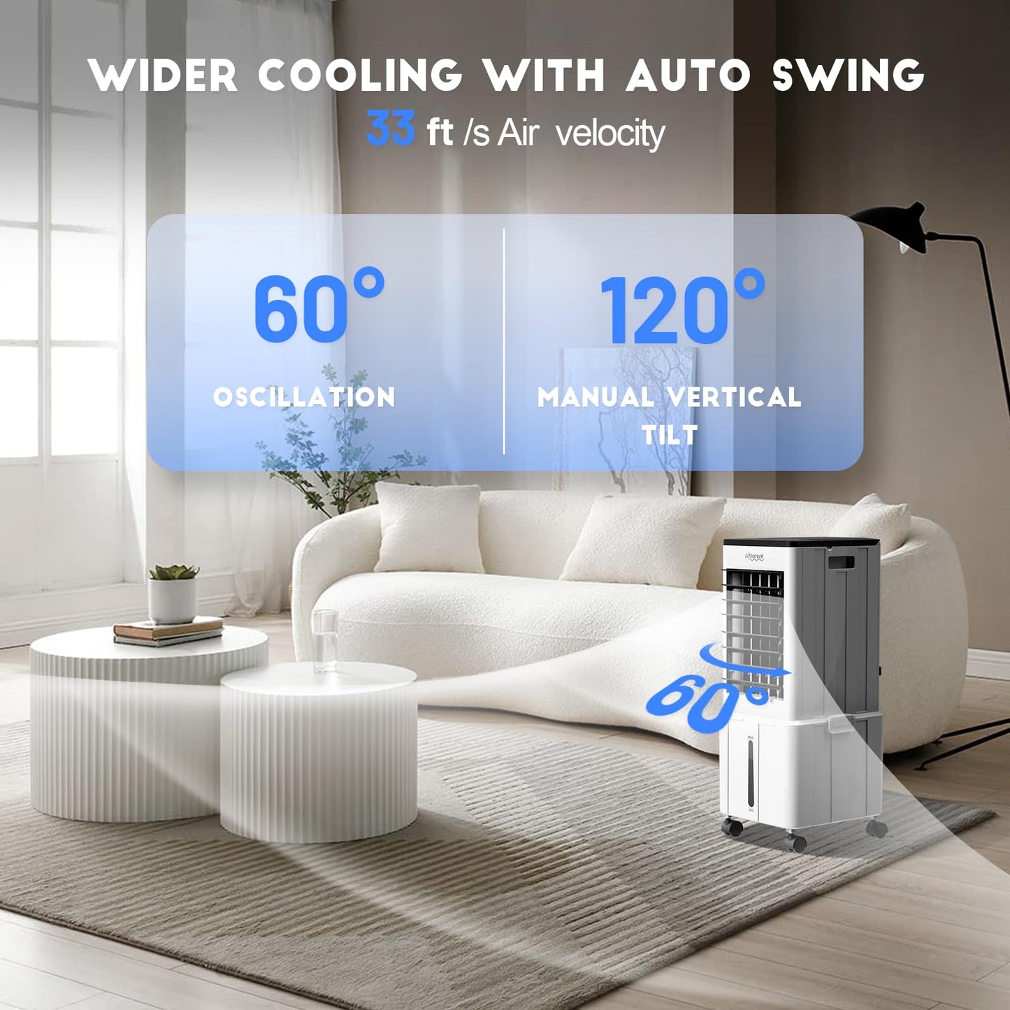 Lifecreek Portable Air Conditioner, 3-in-1 Evaporative Air Cooler with 3.2 Gal Water Tank, Windowless Portable AC Fan with 6 Ice Packs, Remote, 12H Timer, 3 Speeds, 4 Modes for Room Bedroom Office