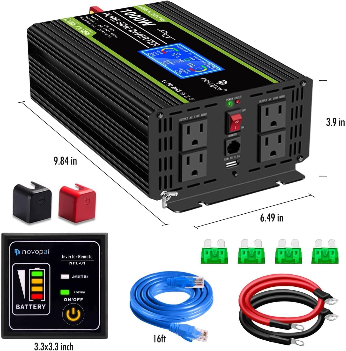 Novopal 1000 Watt Pure Sine Wave Power Inverter 12V DC to 110V/120V AC Converter- 4 AC Outlets Car Inverter with 1 USB Port-16.4 feet Remote Control,Two Cooling Fans and LCD Display Black