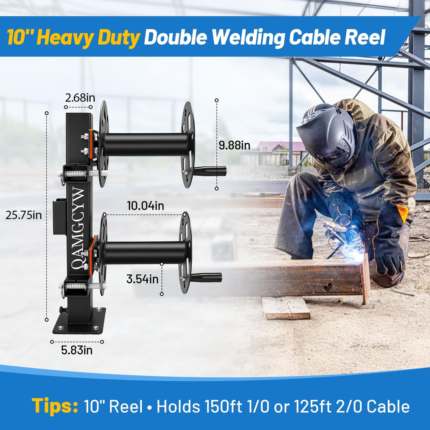𝑼𝒑𝒈𝒓𝒂𝒅𝒆 Heavy Duty Double Welding Lead Reel, 360° Rotatable Base Cable Lead Reel, Welding Reels with Insulated Sealing Gaskets & Screws No Leaks No Shorts, Fits 150ft 1/0 or 125ft 2/0 Cable