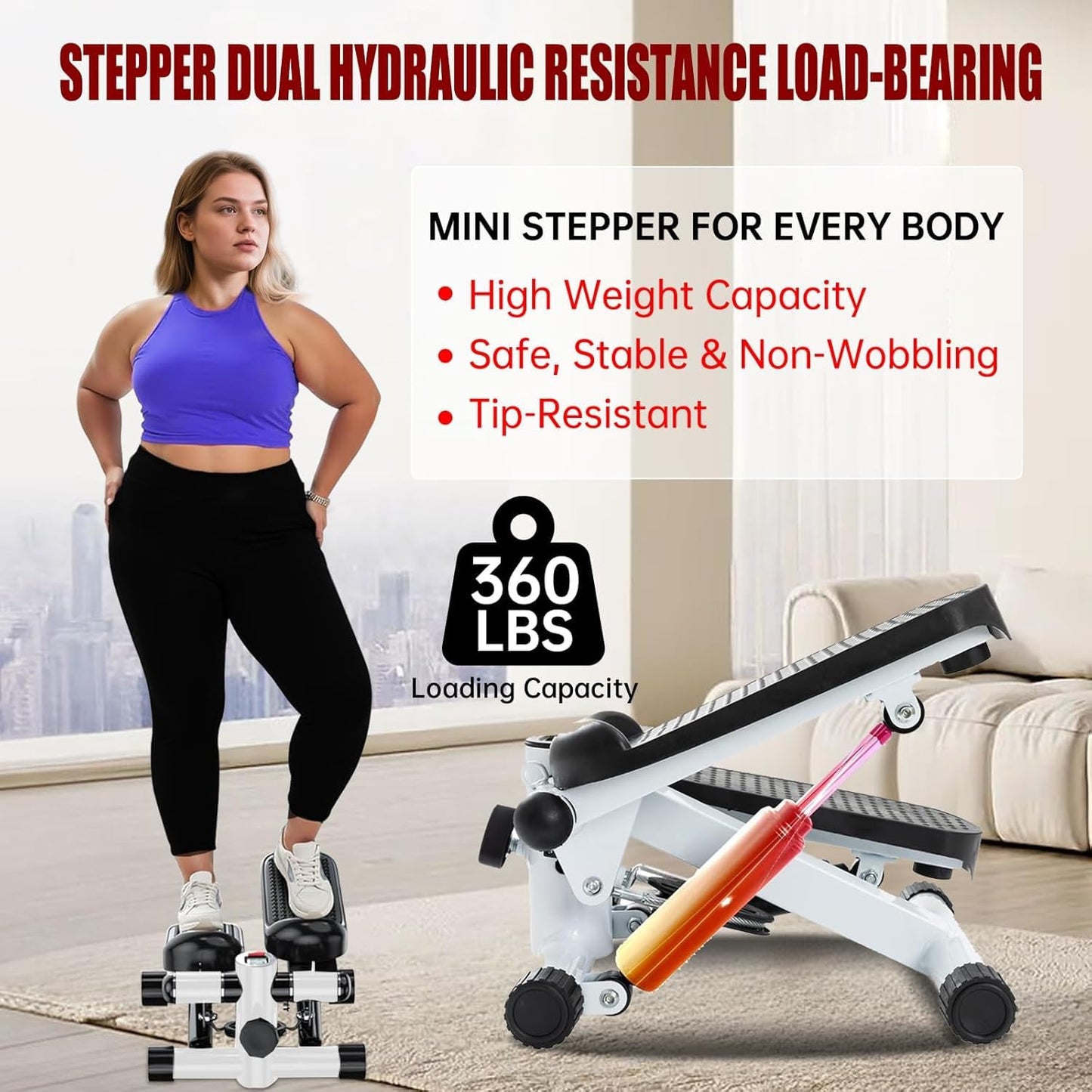 Steppers for Exercise at Home, Mini Stepper with Resistance Bands, Hydraulic Fitness Stepper with LCD Monitor, 360LBS Weight Capacity Portable Stair Stepper for Small Spaces