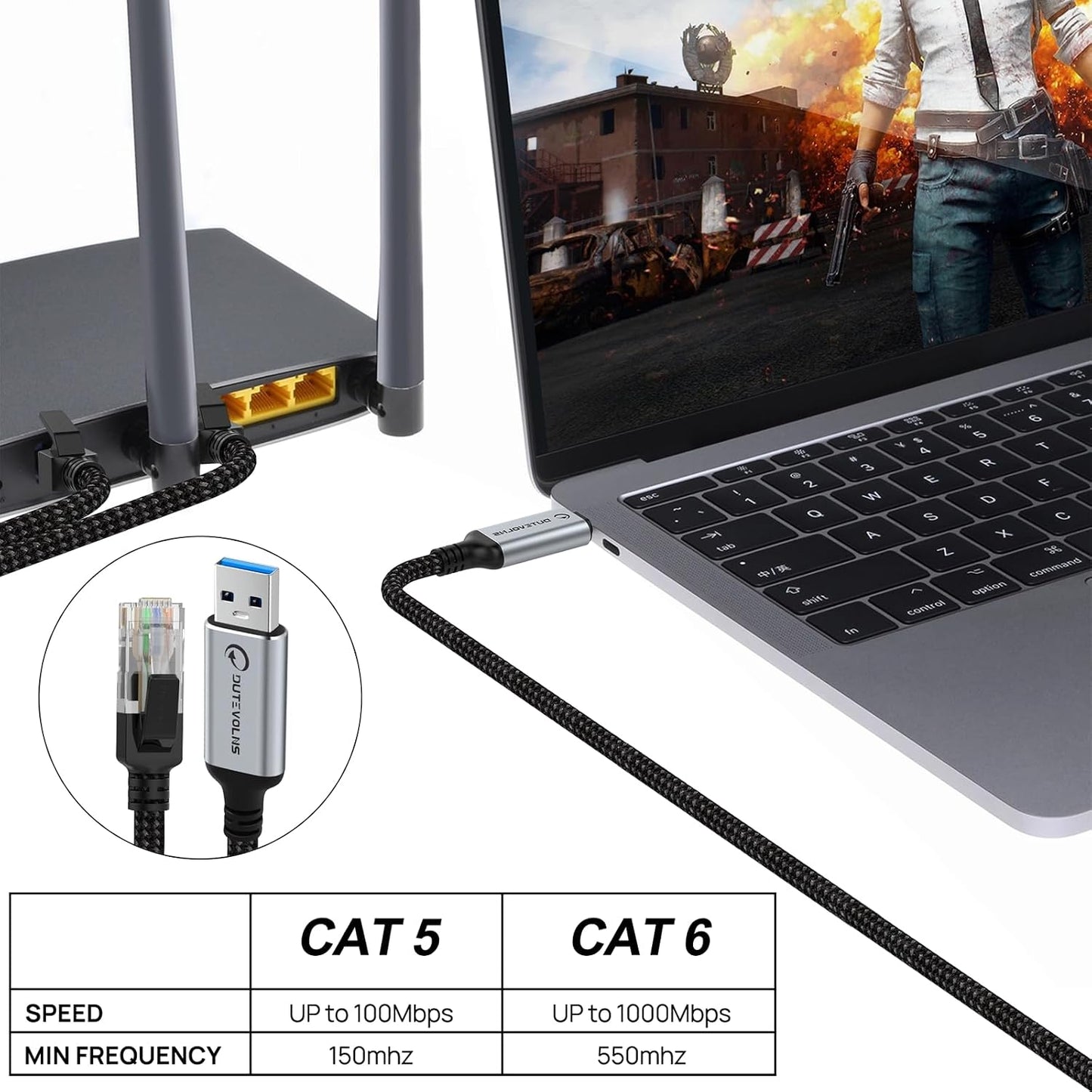 5 3.0 RJ45 10 11 USB to Ethernet Cable FT, USB A to Male Nylon Adapters, Gigabit Directly Connected, Compatible