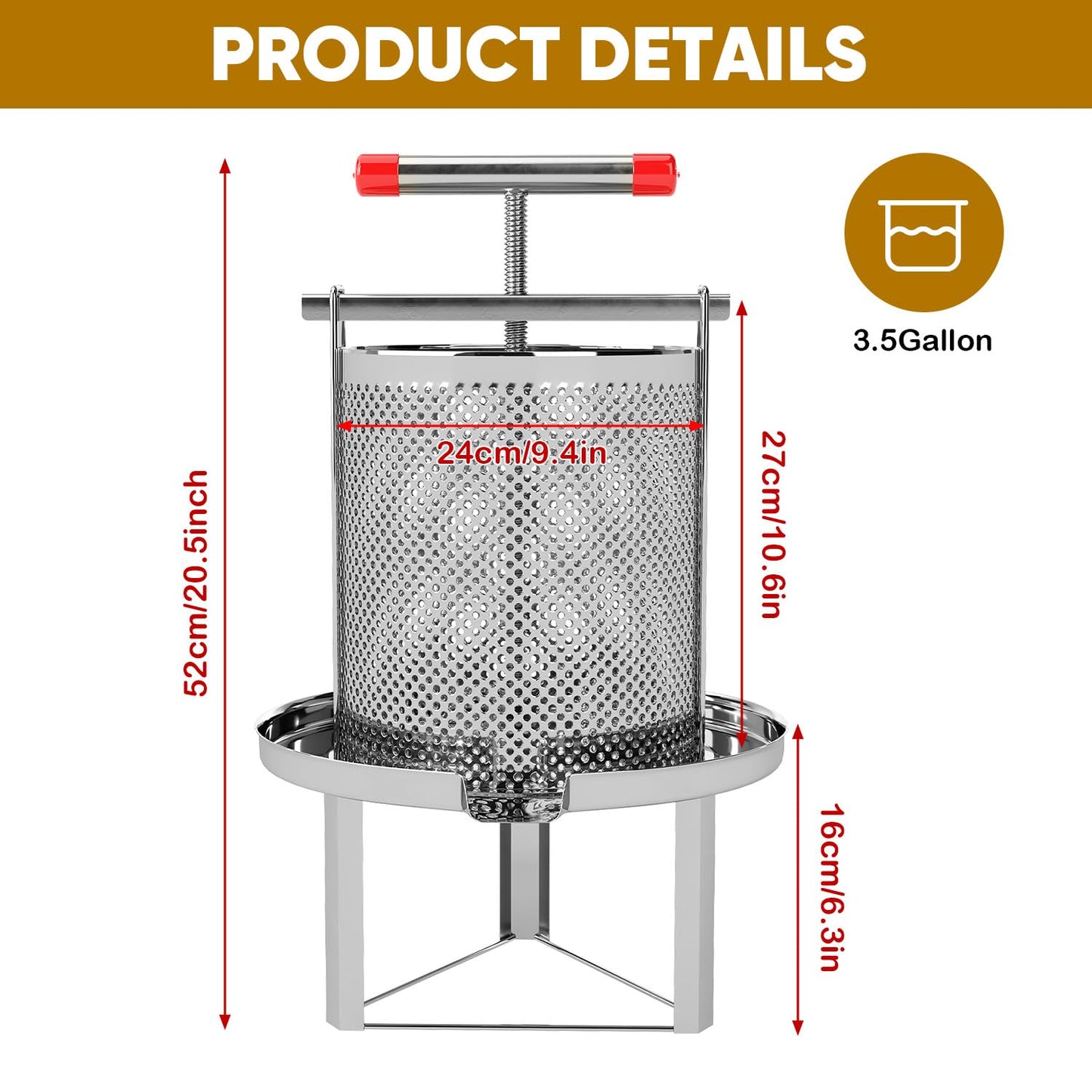 FWTRMRC Honey Press, 3.5 Gallon Honey Extractor Manual Stainless Steel Bee Honey Press Extractor Household Manual Mesh Honey Press Extractor Machine for Wine Honey and Juice Making