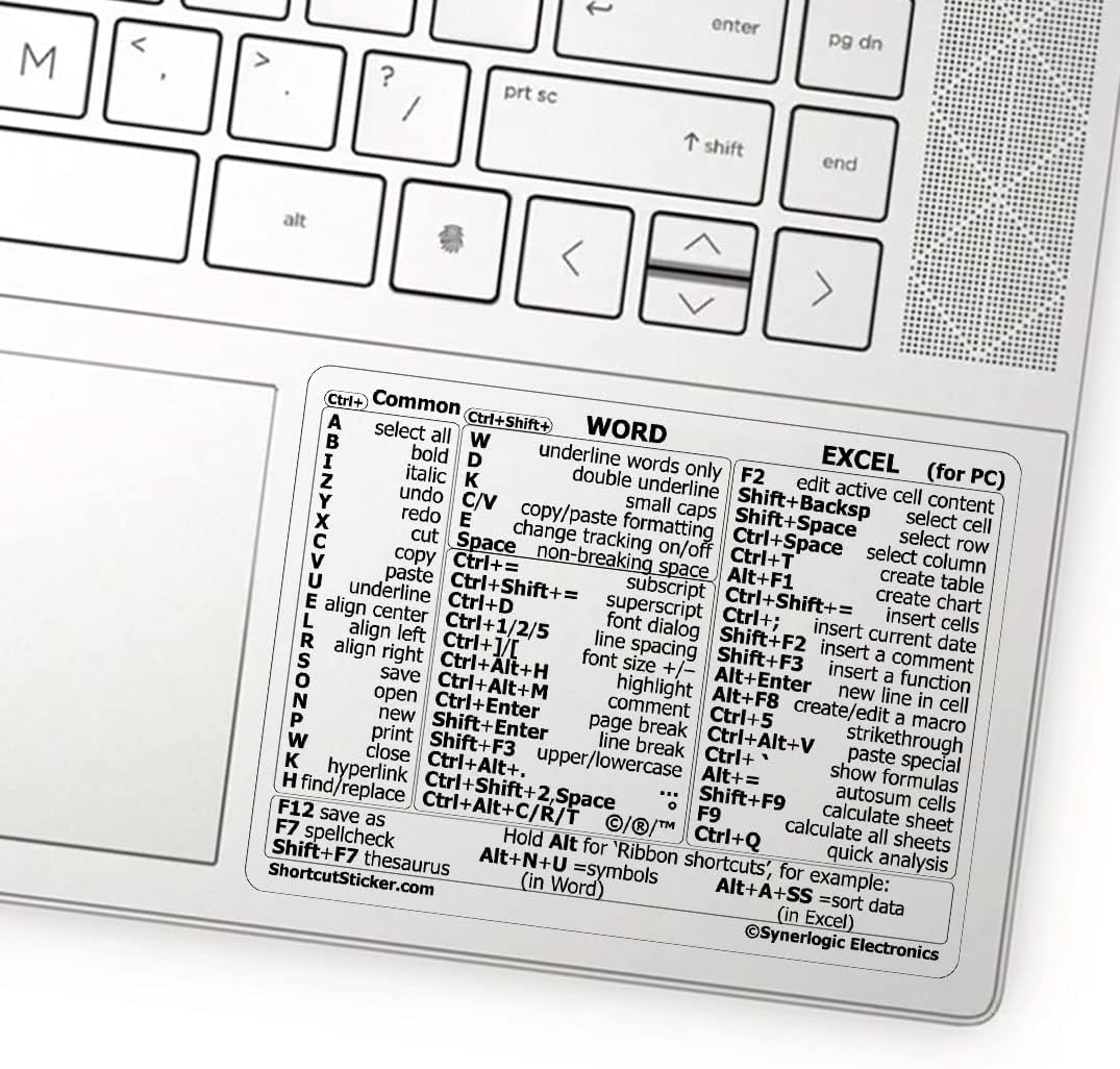 Synerlogic Word/Excel Windows Shortcut Sticker | Reference Guide Keyboard Shortcuts | Work from Home Essentials | Excel
