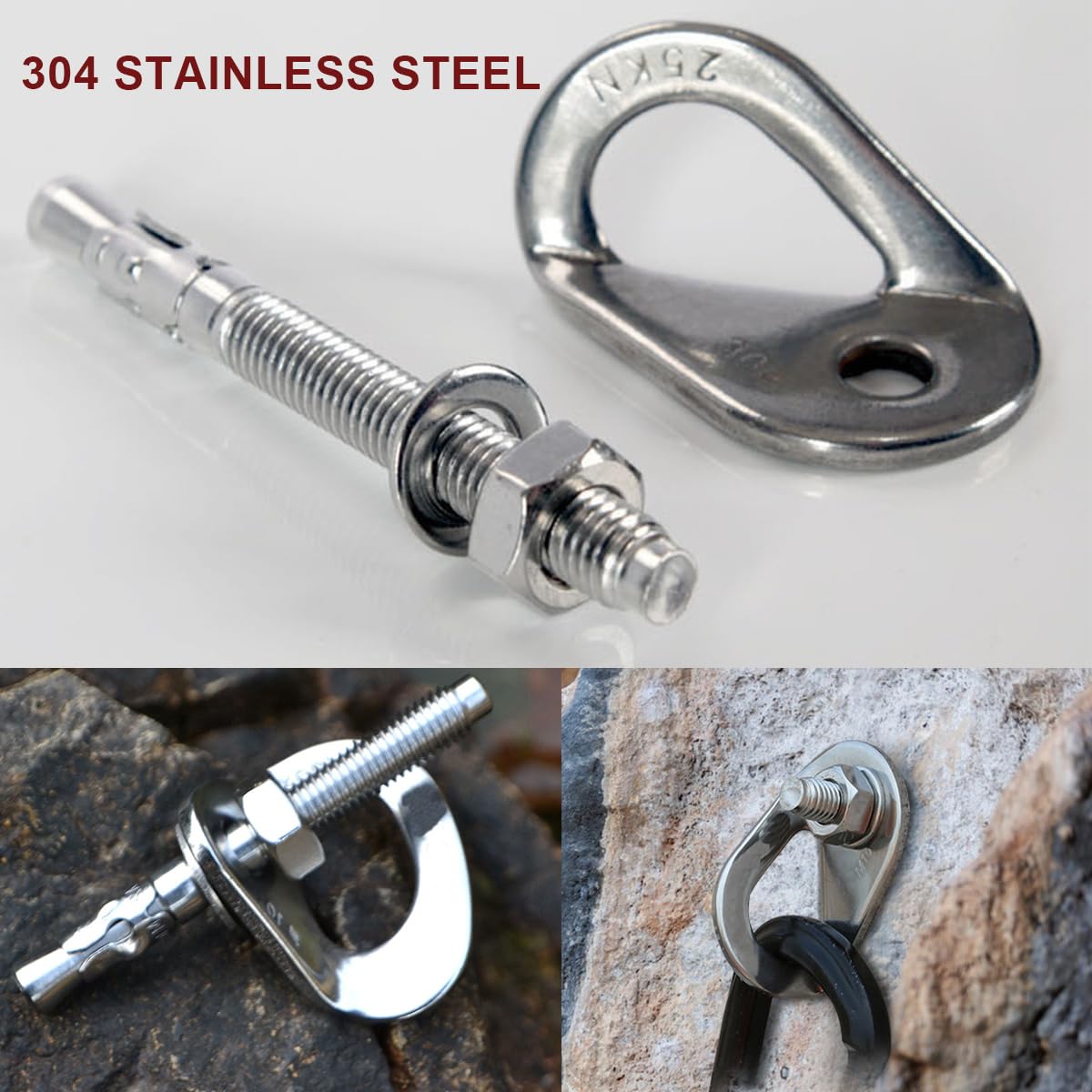 YZTONGPAO 2 Set 304 Stainless Steel Climbing Anchor Bolt, 30KN Rock Climbing Bolt Hanger, Climb Fastening Bolt Safe Fixed Point, Rock Climbing Holds
