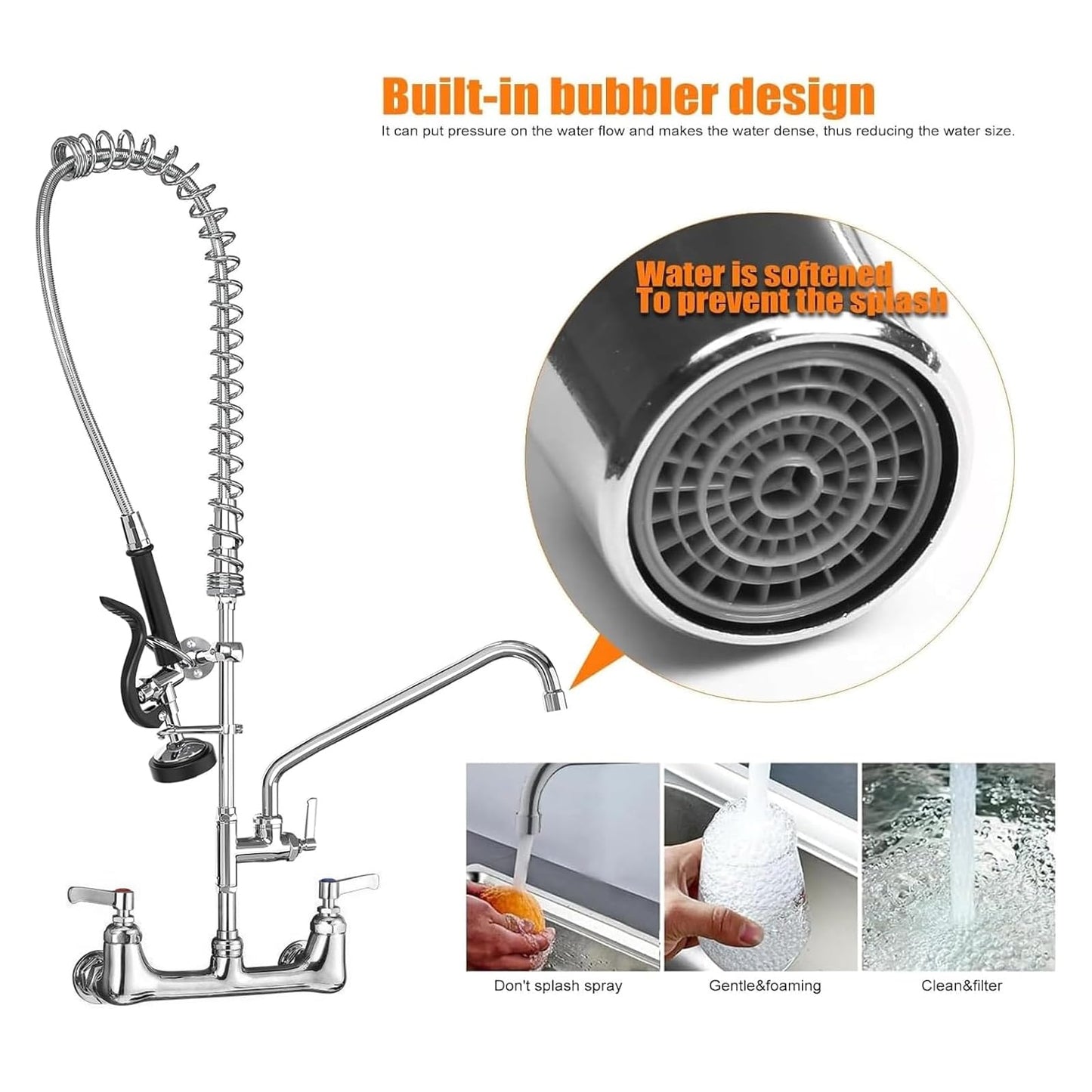Commercial Sink Faucet with Sprayer for Kitchen: MSTJRY 42" Height 8" Center 14" Swing Spout Pre Rinse Assembly Wall Mount Commercial Faucet with Sprayer Fit for 3 Compartment Sink - Polished Chrome