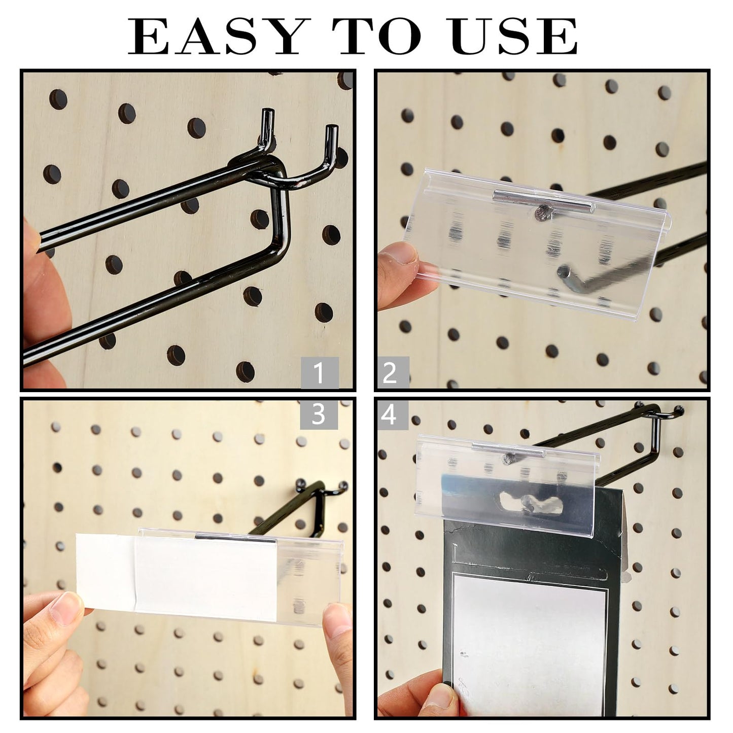 Tandefio 50 Pack 4 Inch Black Metal Peg Board Hooks with Clear Plastic Label Holder Stainless Steel Display Pegboard Hooks for 1/8'' to 1/4'' Pegboard Wall for Garage Storage Retail Shop Supplies